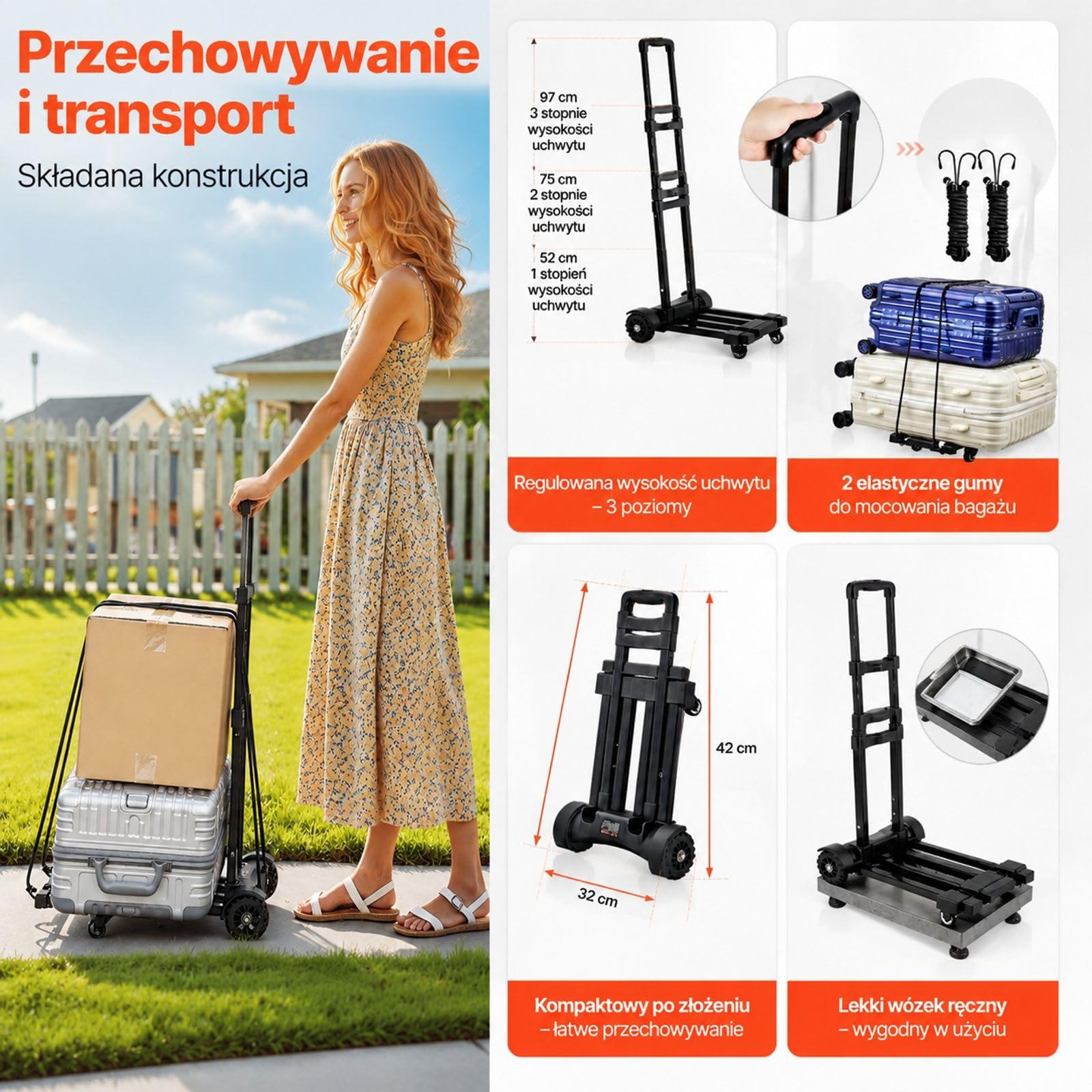 Składany wózek transportowy na 4 kołach z wysuwaną podstawą, regulowanym uchwytem i 2 elastycznymi linami, czarny