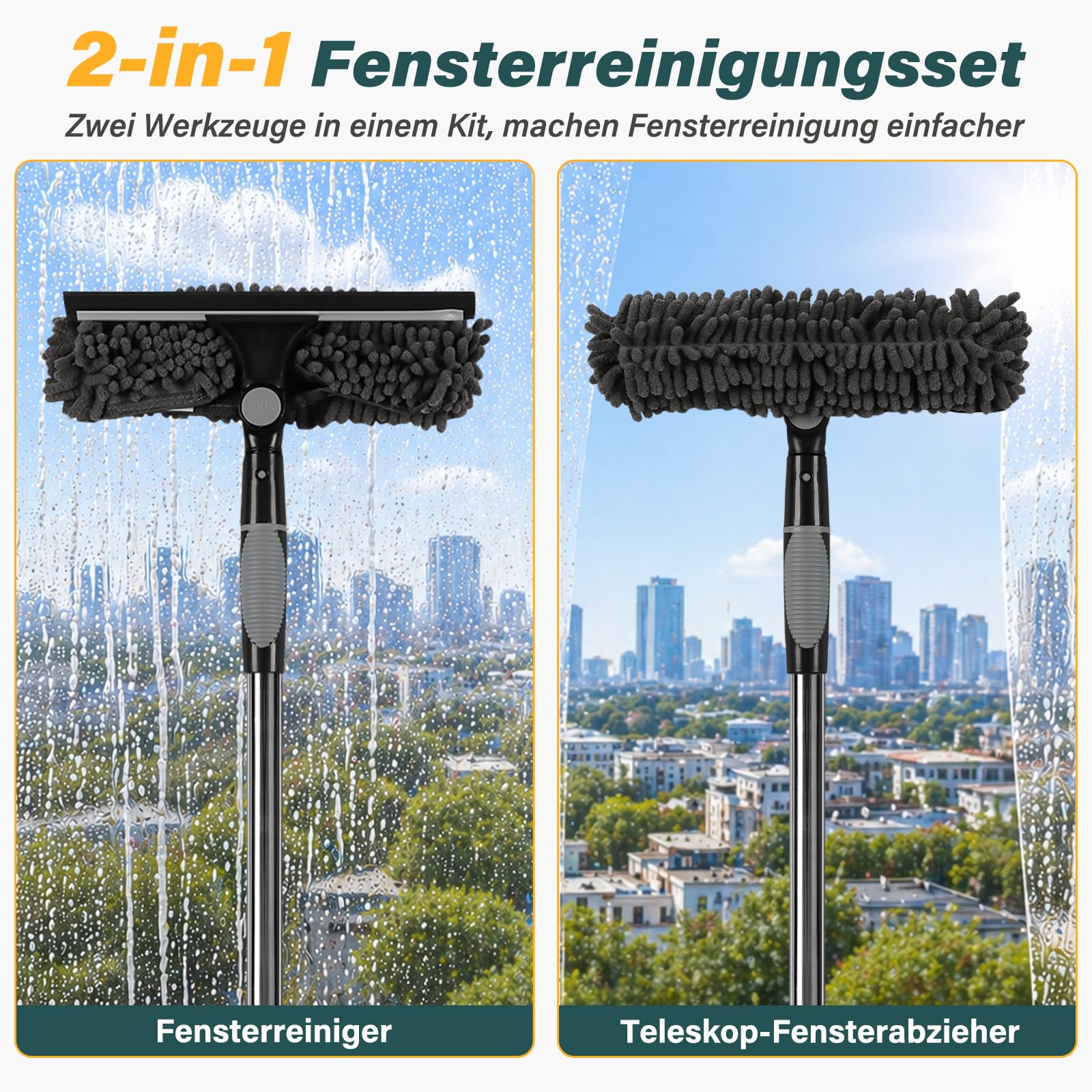 marysgift 2,9 M Teleskop Fensterwischer Abzieher Set, Staubwedel Teleskop,2 in 1 Teleskopstange Fensterreinigung für Bad, Fenster, Glas, Spiegel, Auto,Staubwedel Lang Ausziehbar für hohe Decken (Grau)