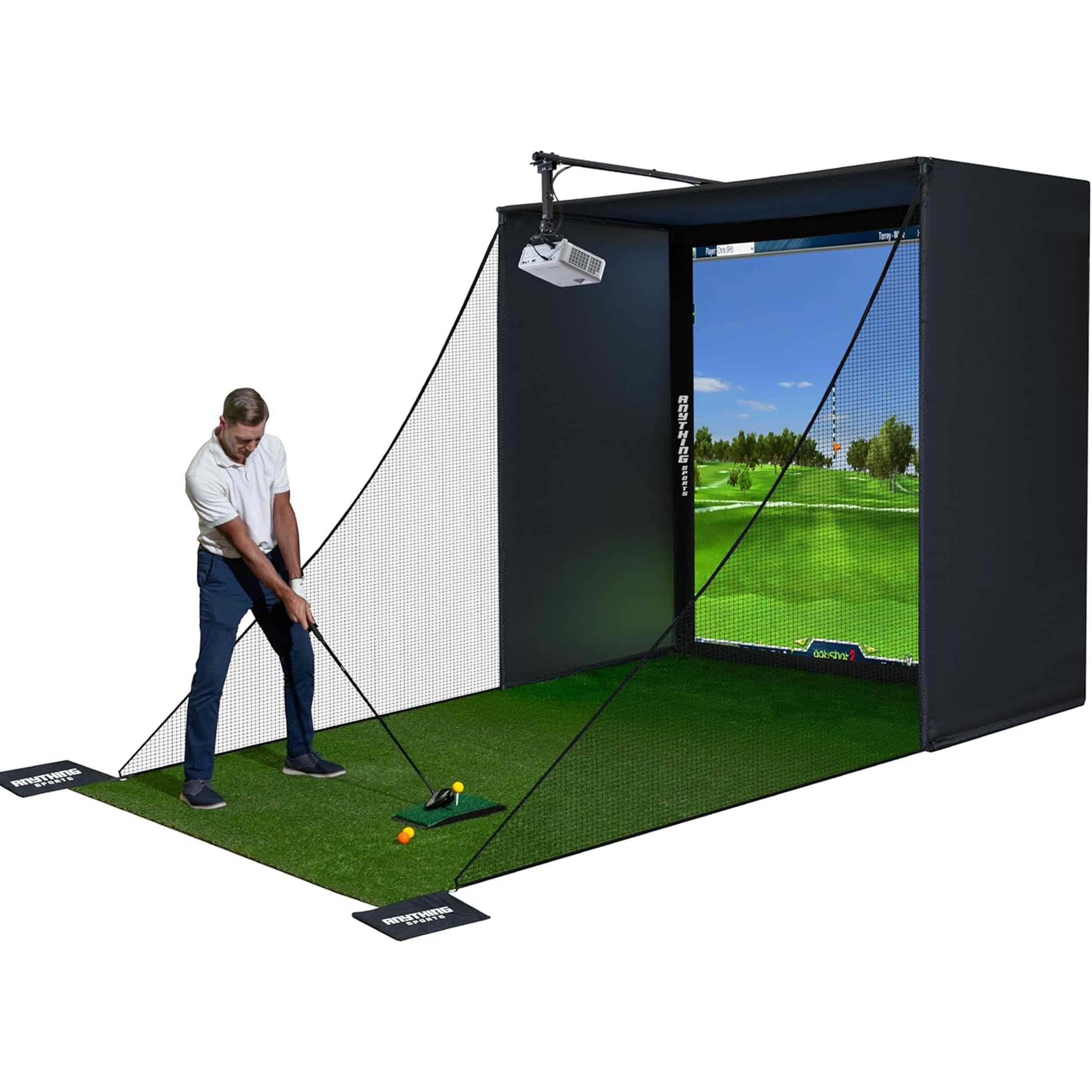 Complete Golf Simulator Enclosure Package – 4K-Ready Impact Screen with Blackout Cage, Projector Mount, Frame Poles, Side Shank Nets | Indoor & Garage Practice | Easy Setup | 12-Month Warranty