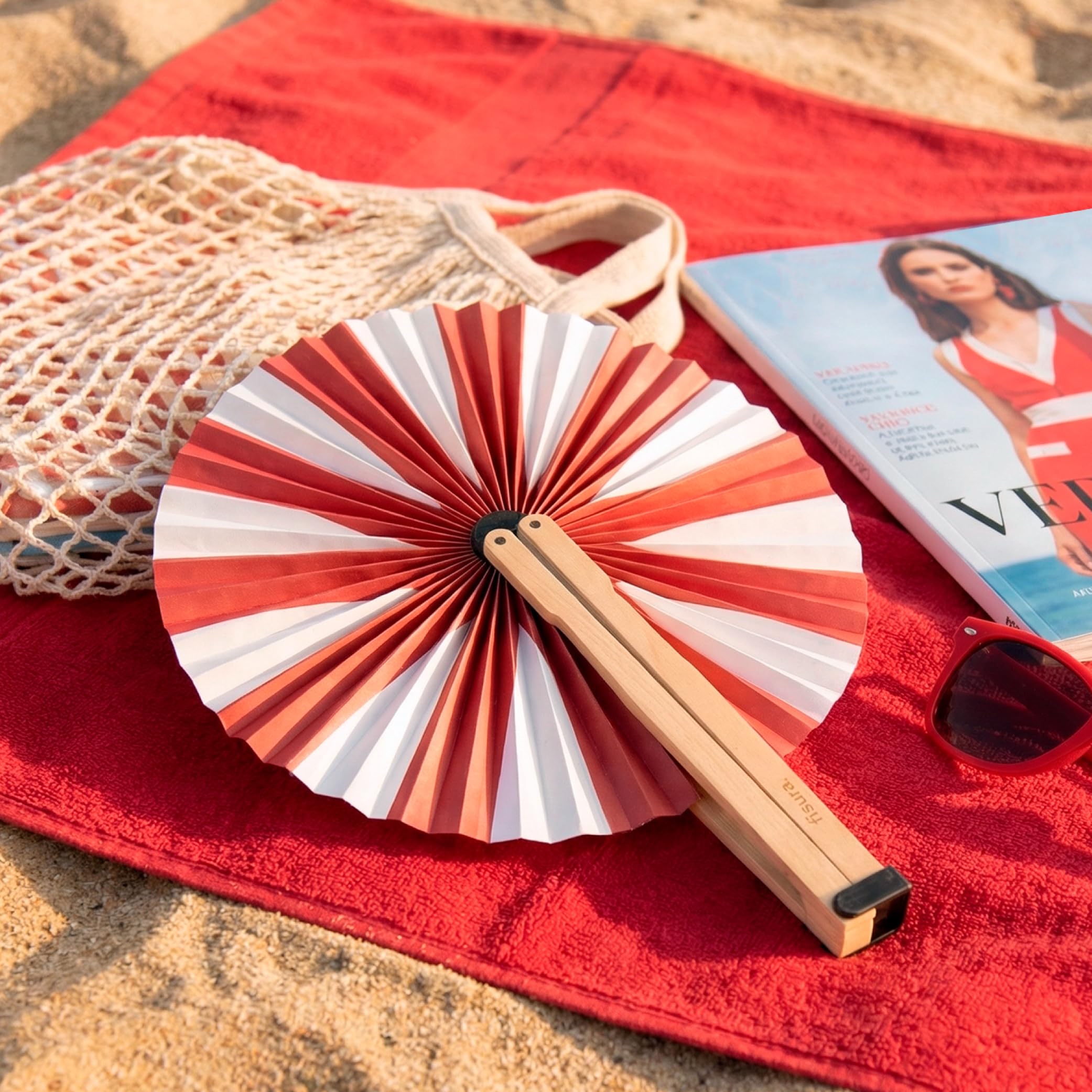 Fisura – Ventaglio pieghevole con righe rosse e bianche, ventaglio originale in carta, pai pai bianco e rosso, accessorio per matrimonio, dettaglio per invitati, idea regalo festa