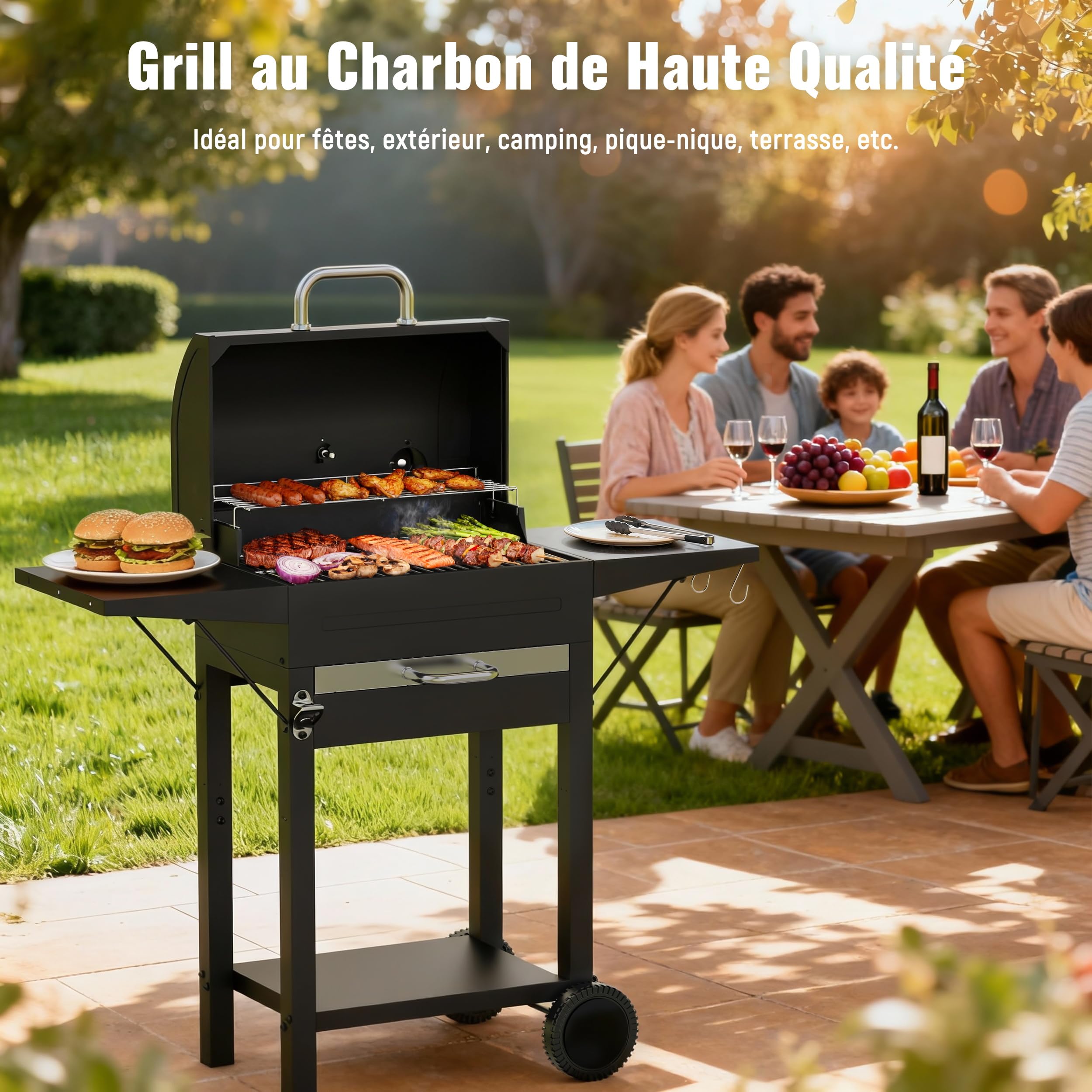 Barbecue Charbon de Bois XXL avec Couvercle - Grand Barbecue Charbon à Chariot, 2 Tables Latérales et Thermomètre - BBQ Fumoir Portable avec Roues pour Jardin, Camping et Fêtes en Extérieur
