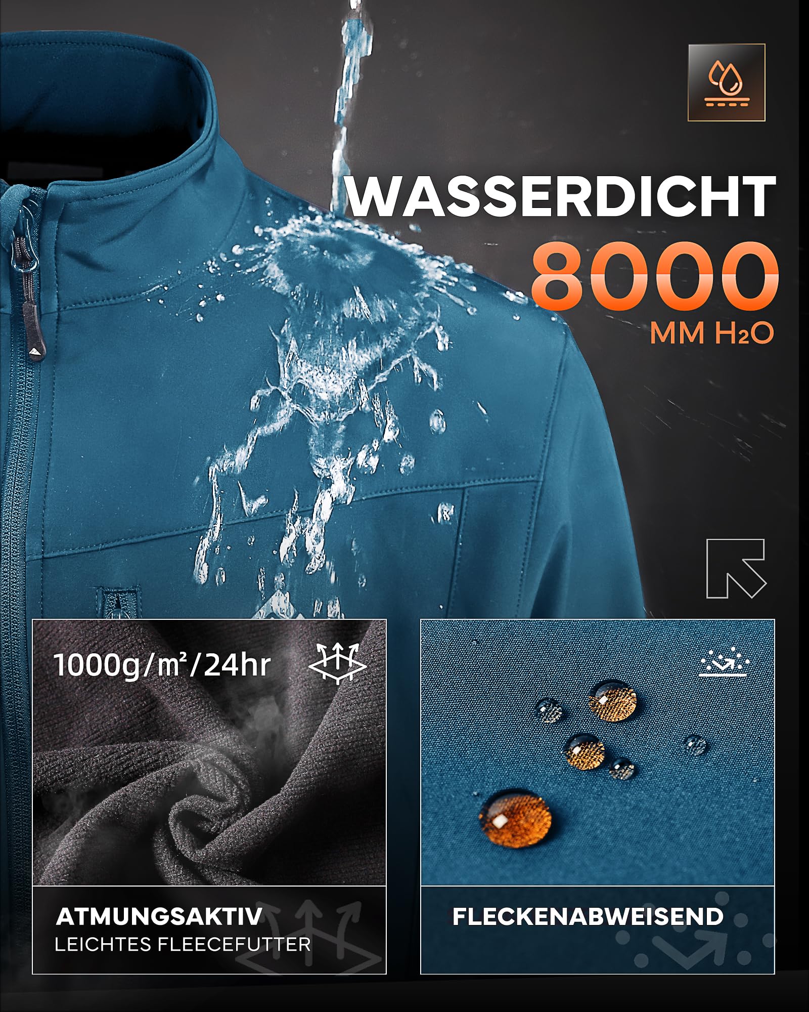 Herren Softshelljacke Wasserdichte Übergangsjacke Winddichte Outdoorjacke Atmungsaktive Funktionsjacke Microfleece-Innenseite für Freizeit Wandern Radfahren