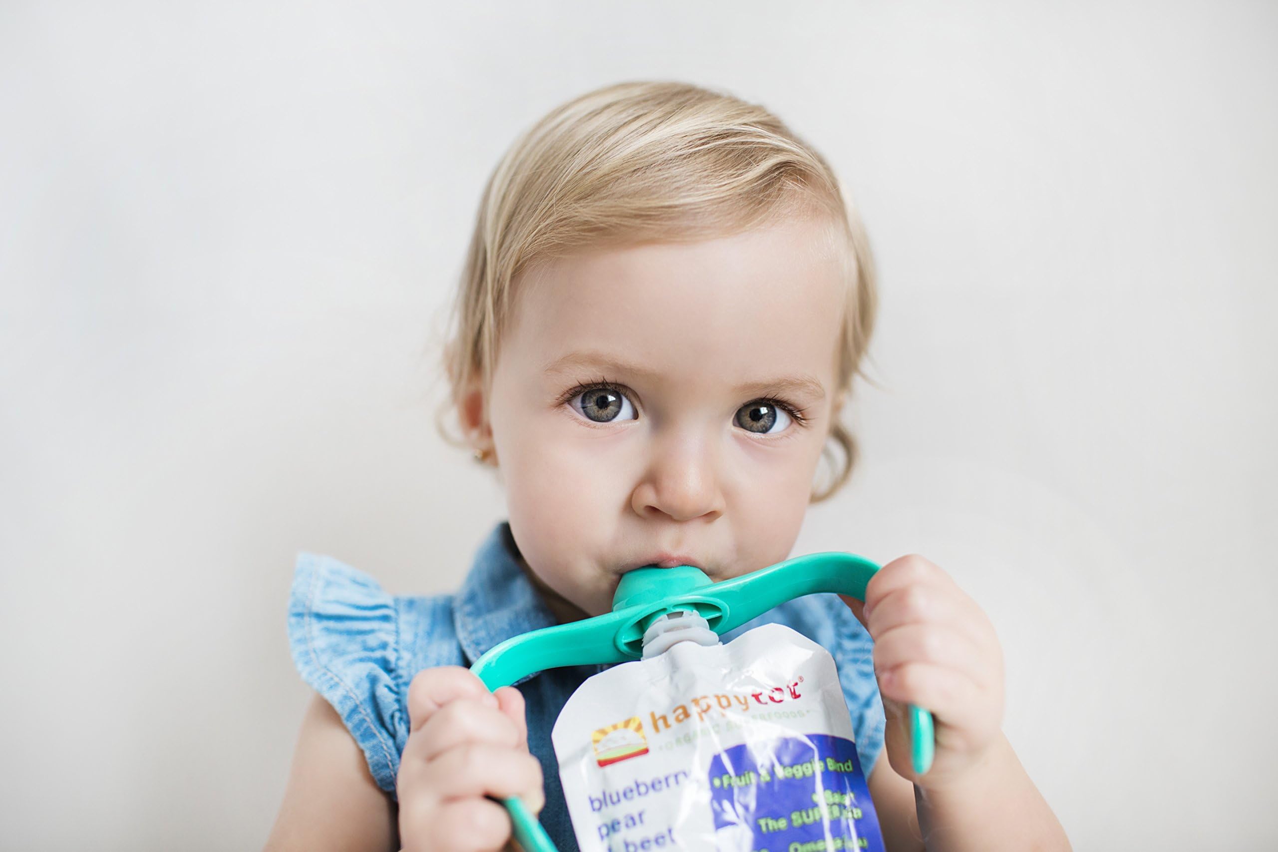 PouchBuddy (1-Turquoise) - Baby Self Feeding Works with Most Baby Food Pouches Including but Not Limited to Plum, Happy Tot, Happy Baby, Earth's Best, Gerber, Other National Brands As Well As Reusable