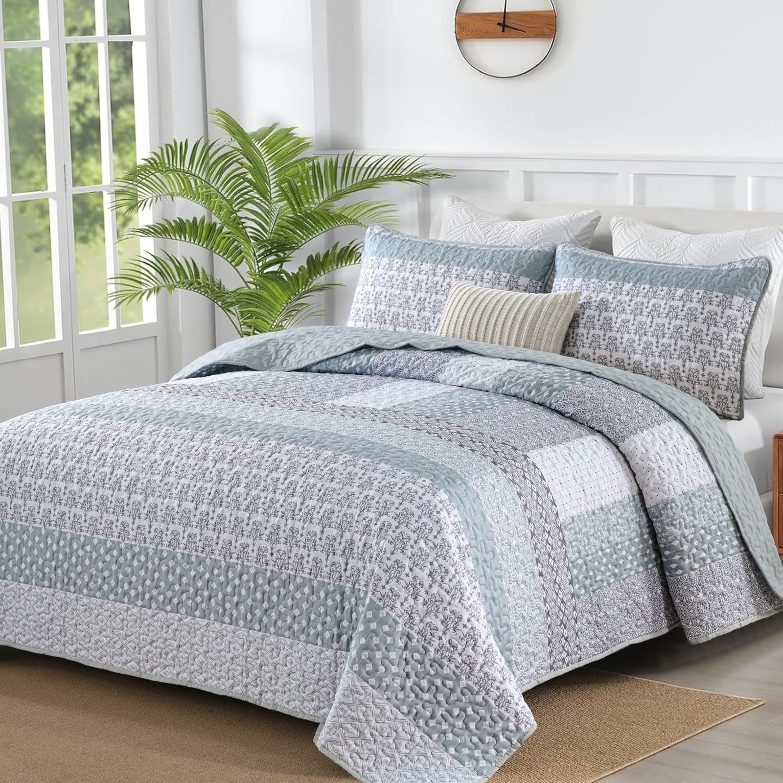 WONGS BEDDING Boho Quilt Set Queen, Stripe Bedspread Sets, Burnt Orange