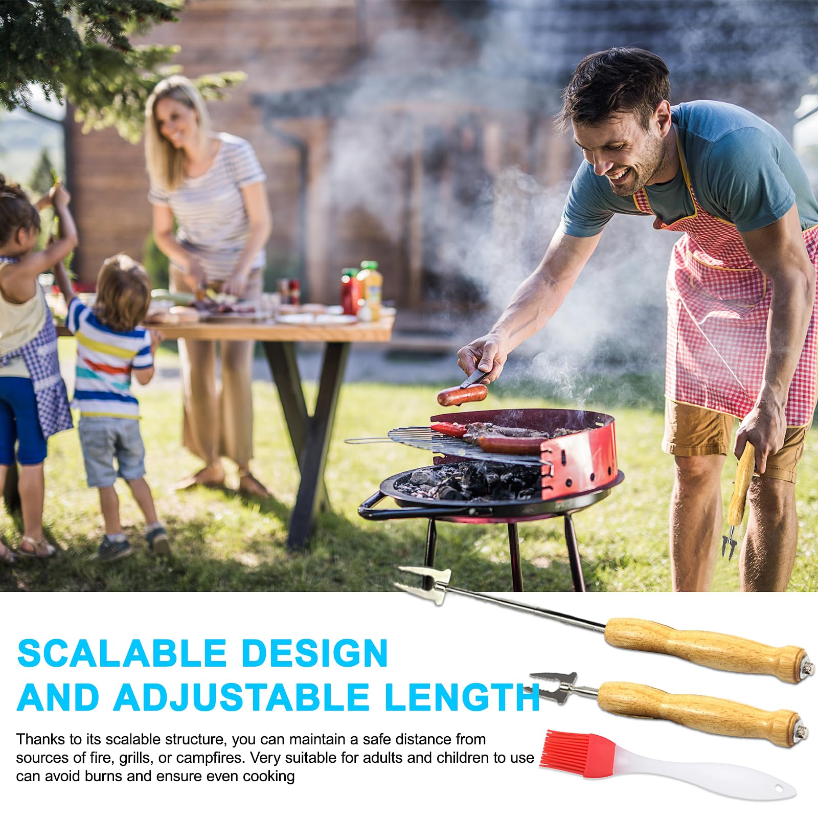 Brochettes Extensibles pour Barbecue – 2 Pièces en Acier Inox + 1 Pinceau en Silicone – Piques à Marshmallow & Pain à Bâton pour Feu de Camp, Camping, Grillades