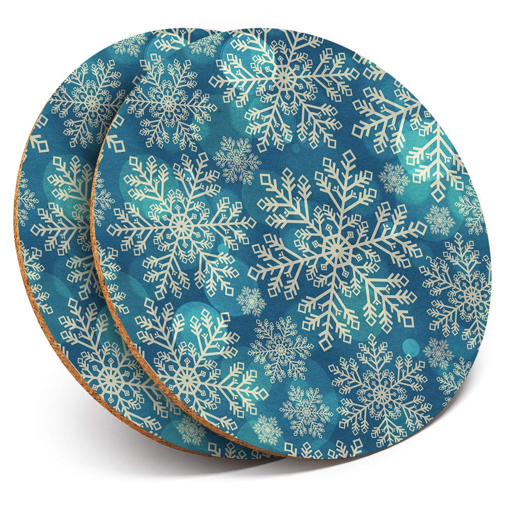 Destination Vinyl ltd 2 x MDF Glossy Top Coasters Round - Blue Snowflakes Vintage Christmas 12404
