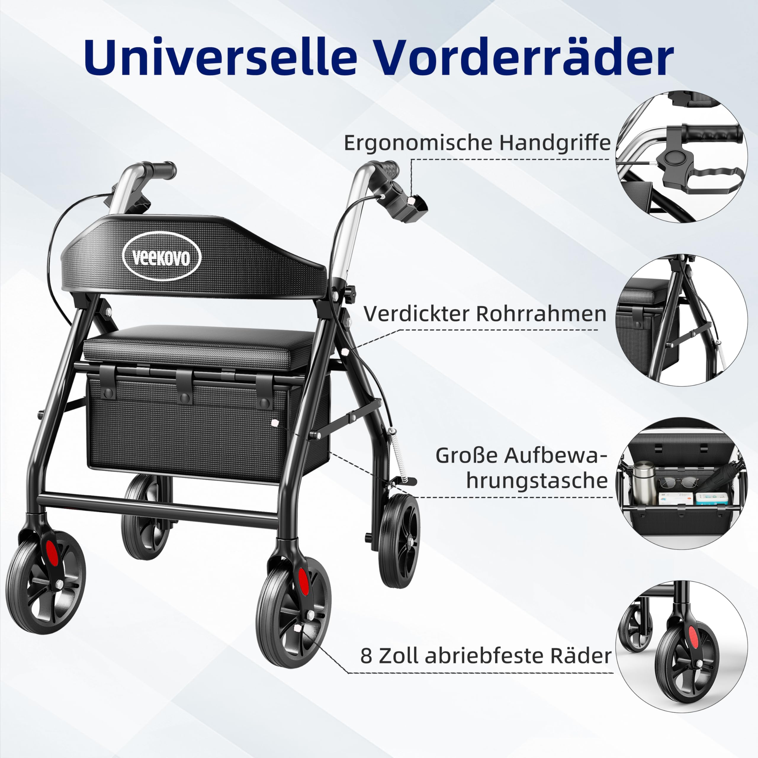 Leichtgewicht Rollator faltbar mit Sitz,schmal für Senioren Wohnung,Höhenverstellbar, Rollatoren für Senioren Klappbar mit 20cm Reifen für All Gelände, Gehhilfe, Laufhilfe (Schwarz)