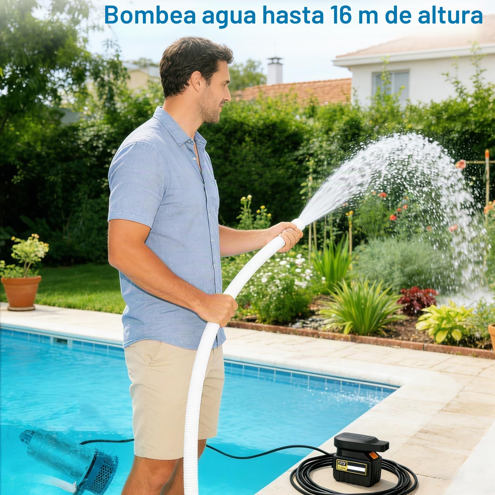 Bomba Sumergible, 5000 L/H Bomba de Agua Sumergible a Batería con Manguera de 10m, Cable de Conexión de 5m,Batería de 21V y Cargador, Ideal para Piscina, Cama de Agua, Riego de Jardines