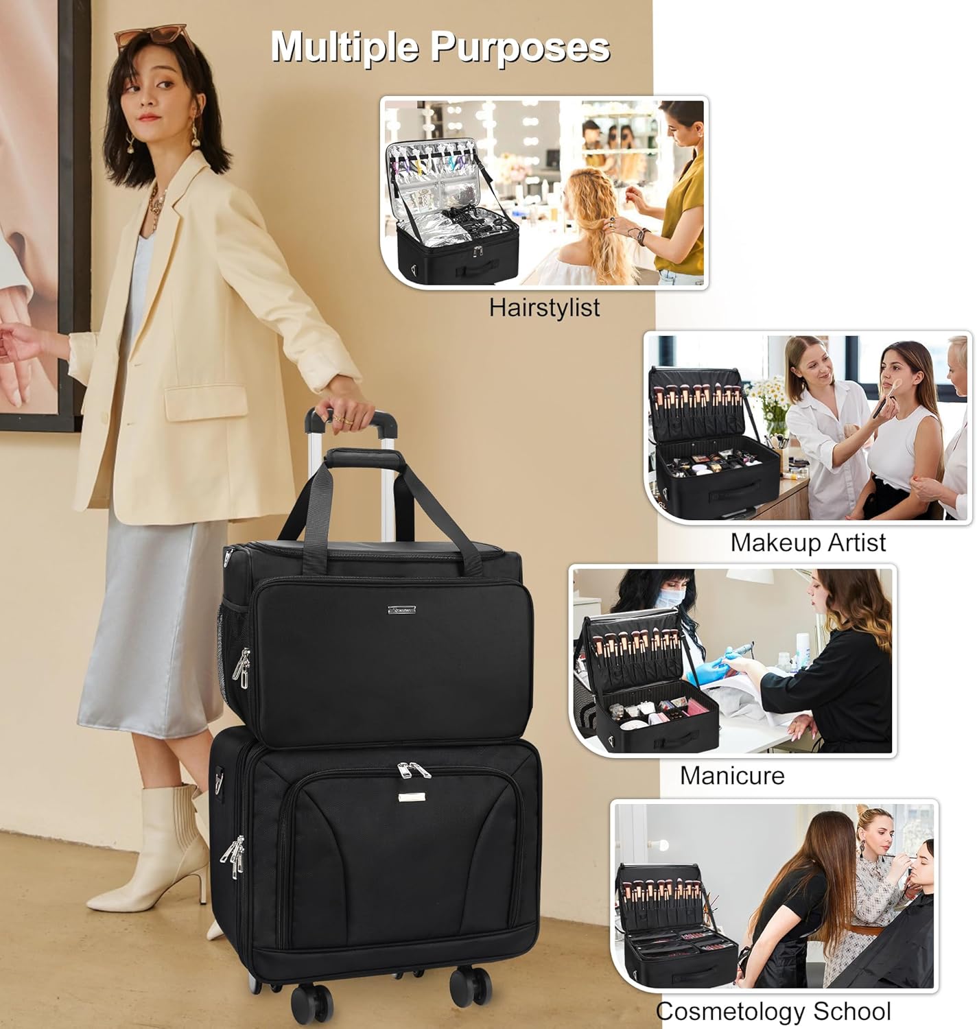 MONSTINA Rolling Makeup Train Case, Beauty Hairdresser Bag and Cosmetology Case on Wheels Makeup Artist Bag Hairstylist Cosmetic Organizer Storage Bag with 4 Bag (Black+Hairdressing Bag)