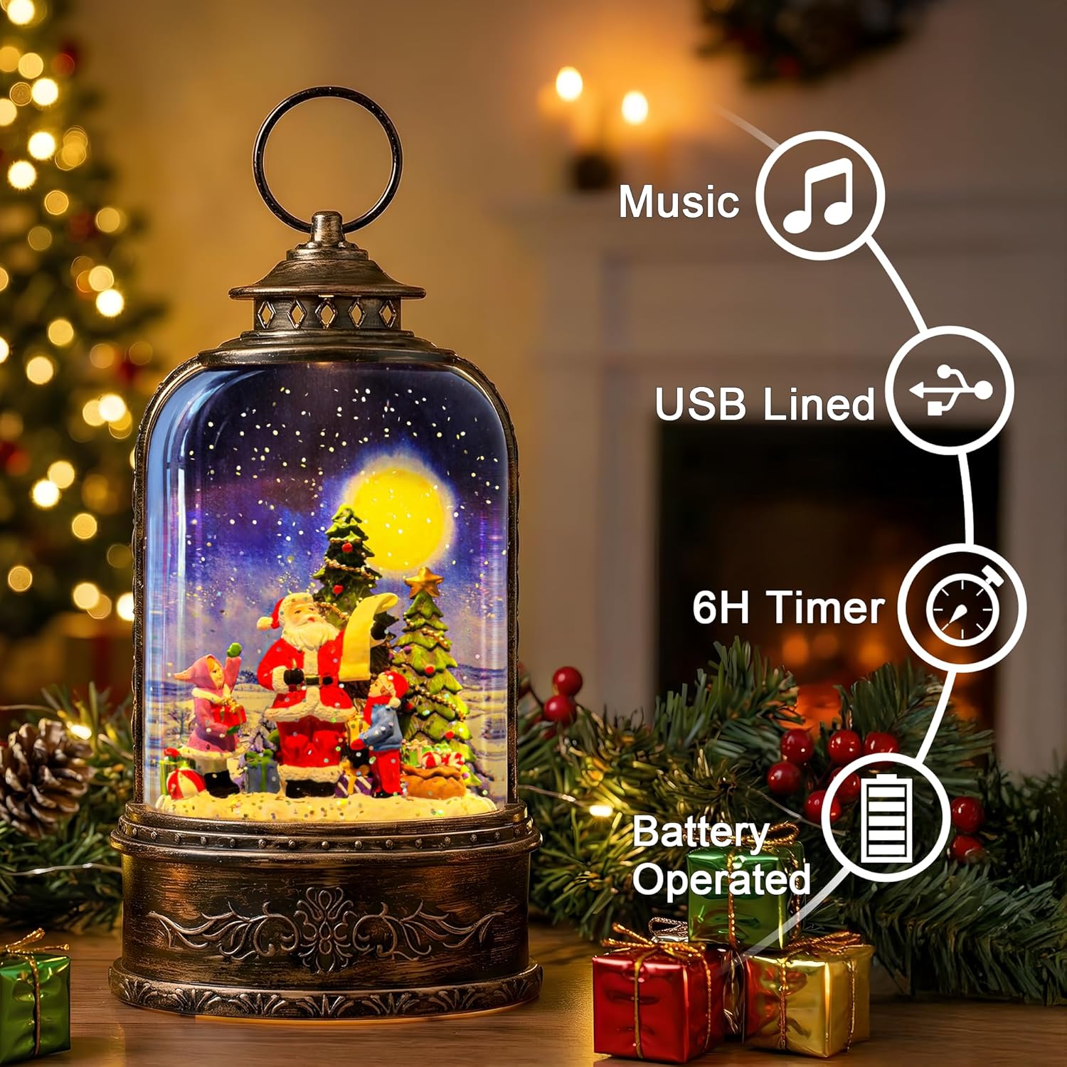 Christmas Snow Globe Water Lantern with Santa List Scene Battery Operated or USB Powered Musical Lighted Holiday Decoration for Tabletop Display for Family and Friends - Image 2