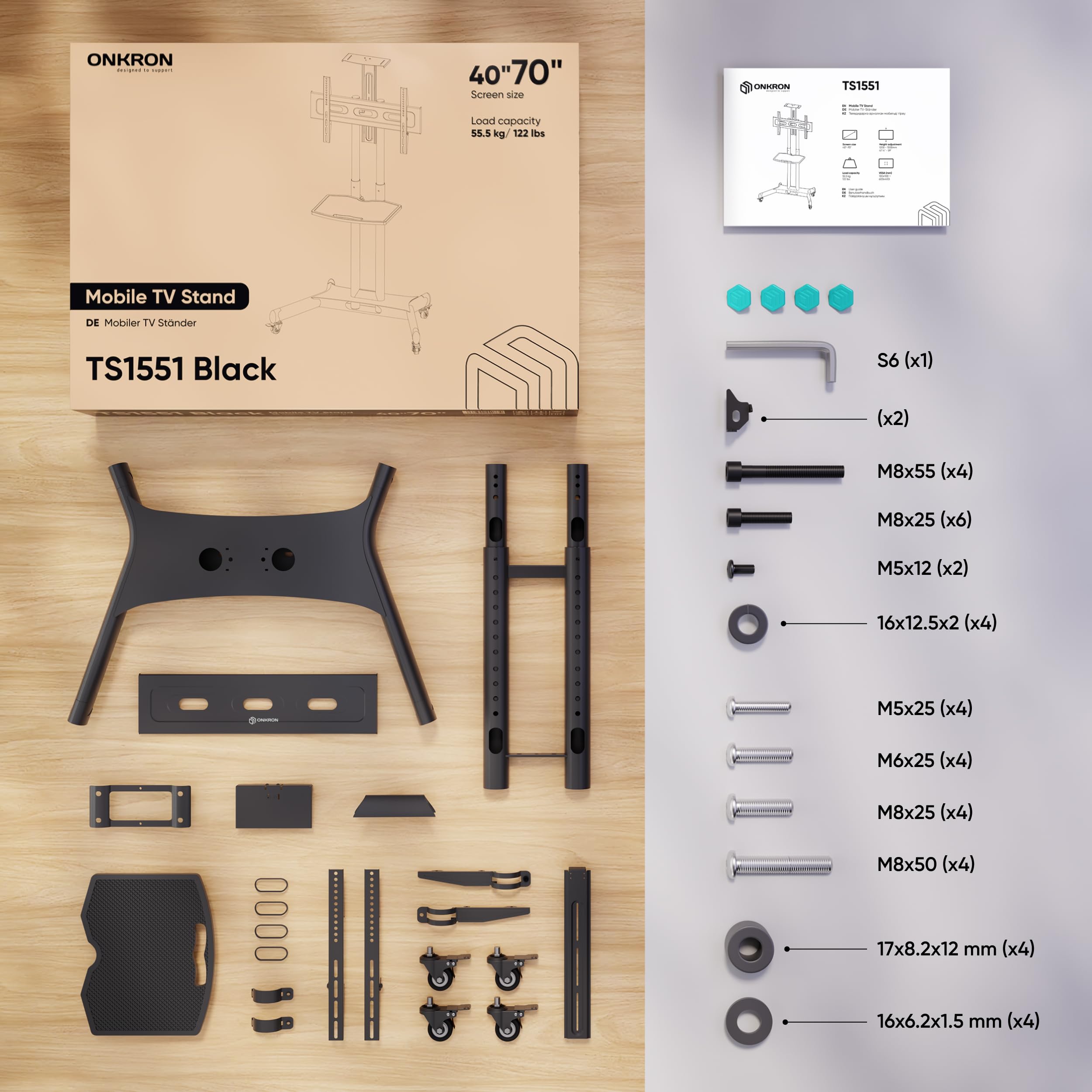 ONKRON Supporto TV da Pavimento con Ruote 40-70 pollici, Carico Totale 55.5 kg, VESA 100x100-600x400, Piedistallo Televisore, con Altezza Regolabile, Porta TV da Terra Mobile, Universale Nero TS1551-B