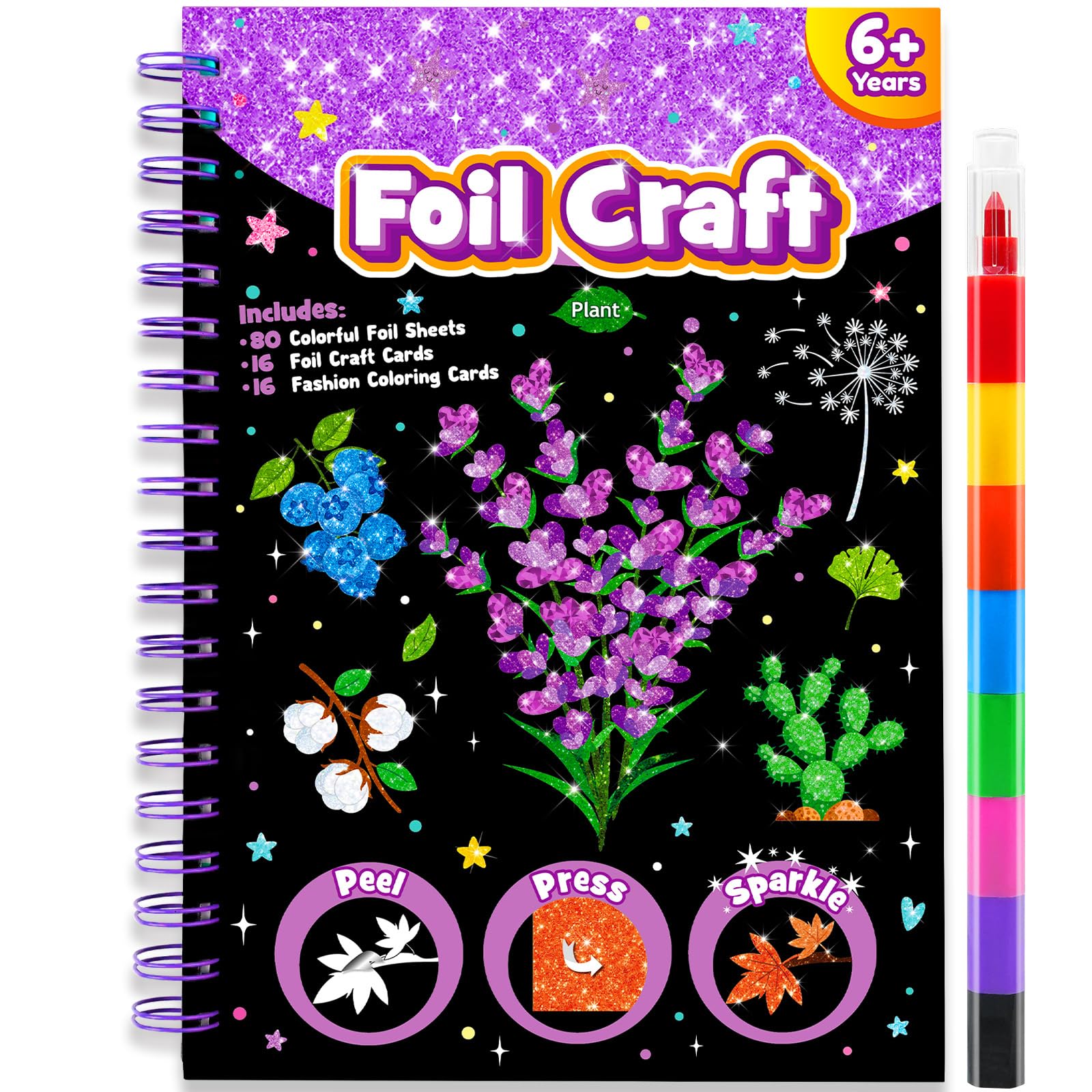 LIKYMO Foil Art - Foil Craft, Art and Craft for Kids, No Mess Colouring Book, DIY Creative Activity, Travel Toys, Gifts for 4-9 Year Old Girls Boys (Plants)