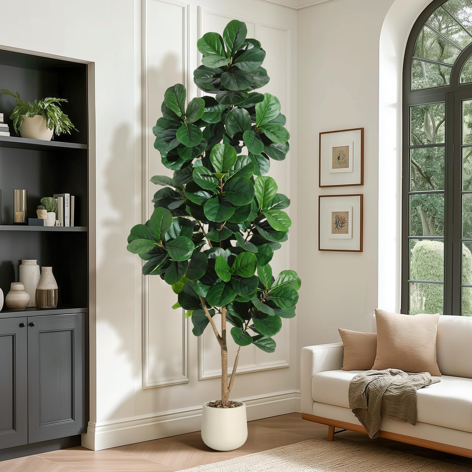 Kunstpflanze Geigenfeige 210cm, Mit 141 Blättern & Natürlichem Stamm Im Weißen Blumentopf Mit Kieseln, Ficus Lyrata XXL Kunstpflanze Wie Echt Für Wohnzimmer Büro Wintergarten Deko, Einfache Montage