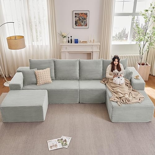 Miniatura 77 de Sofá Nube en Forma de U de 135", Sofá Seccional Modular Moderno Cómodo en Forma de L con Otomana, Asiento Profundo, Chaise Longue Reclinable Negro