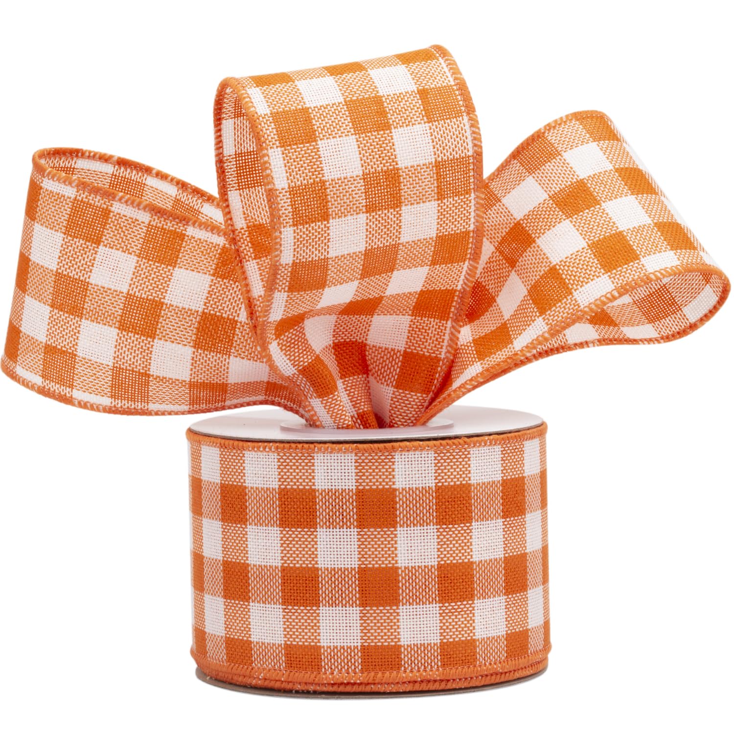 AVANAVA 63mm Wired Gingham Burlap Ribbon – 9M Tangerine and White Plaid Ribbon for Gift Wrapping, Crafts, Wreaths, Farmhouse Decorations, Garlands, Rustic Weddings and Christmas