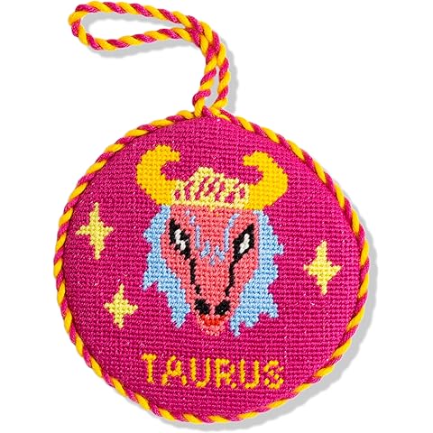 Furbish Needlepoint Zodiac Ornament - Taurus - Embroidered Christmas Tree Ornament, Astrology Holiday Decor, Stocking Stuffer & Christmas Decoration, 100% Wool, 3.5