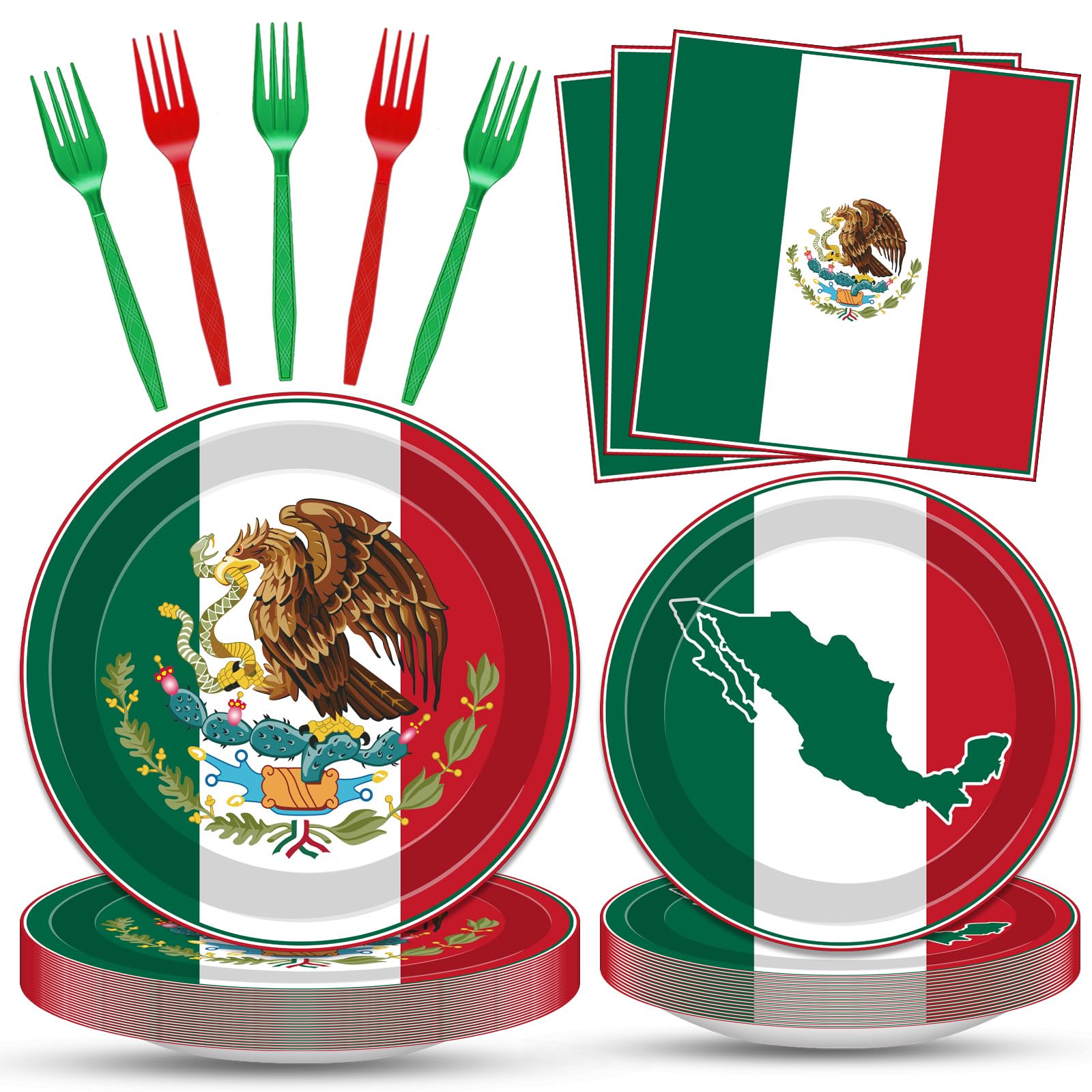 Photo 1 of 100 Pcs Mexico Flag Tableware Party Supplies – Serves 25, Green White Red MX Flag Disposable Paper Plates, Napkins, Plastic Forks for Mexican Fiesta, Cinco de Mayo, Cultural National Day Decorations