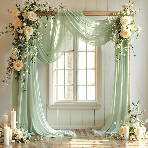 Tela drapeada para arco de boda, 2 paneles de 19 pies, cortinas de arco verde salvia, cortinas de tela de gasa para decoración de arco de boda,