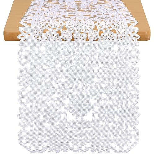14 x 84 Inches Mexican Party Table Runner White Papel Picado Tablecloth Runner Fabric Table Decoration for Cinco De Mayo Mexican Wedding Fiesta Party Supplies (6) - 6