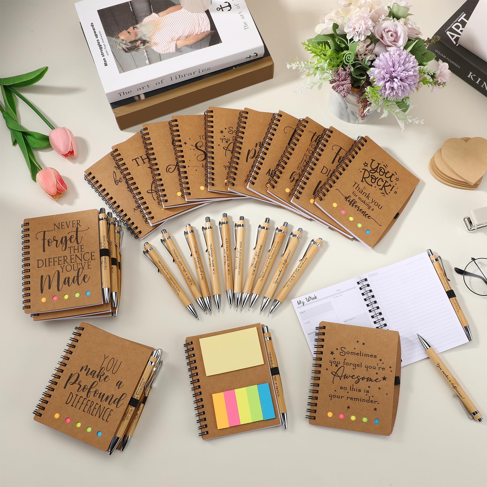 Tellingyou Set di 20 quaderni a spirale ispiratori per lauree, dipendenti apprezzamento per dipendenti, agenda settimanale con note adesive, penna motivazionale in bambù per studenti, insegnanti,