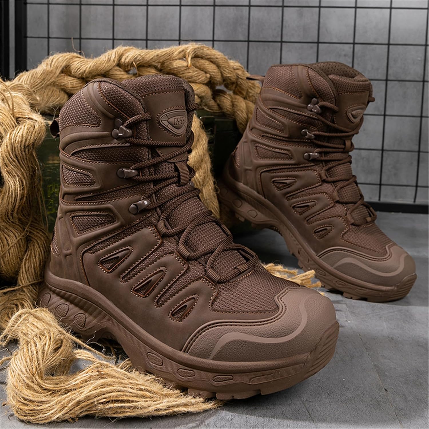 Military Tactical Boots For Men Leather Mesh Upper High Top Lace Up Lightweight Flexible Non Slip Outsole Outdoor Hiking Boots For Hiking Missions Daily Training Hunting Backpacking