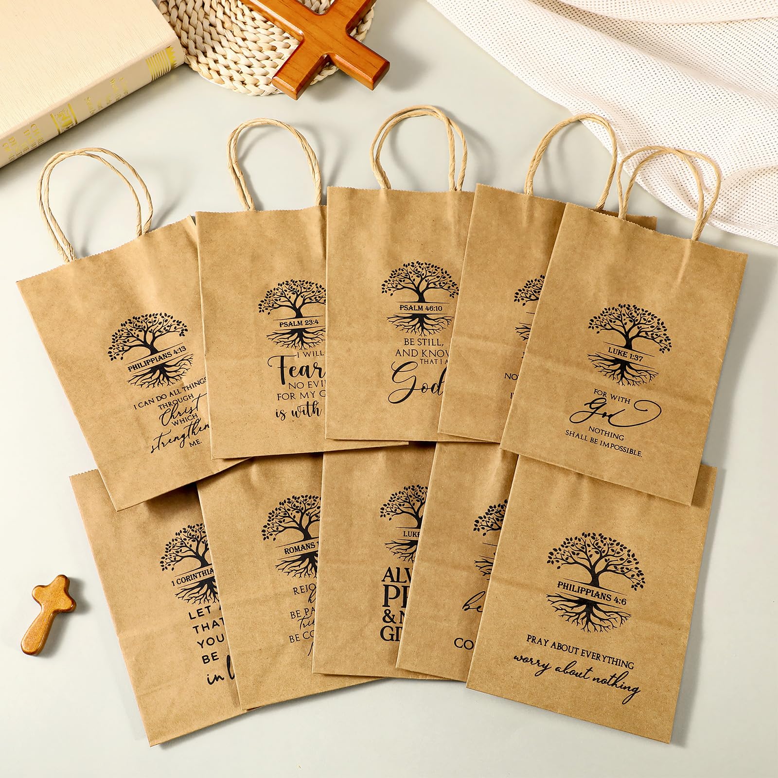 Motipuns 20 Pcs Christian Gift Bags for Father's Day Religious Kraft Paper Bags Bulk with Handle Bible Verse 6 x 3 x 8 Inches for Church Members Baptism Pastor Family