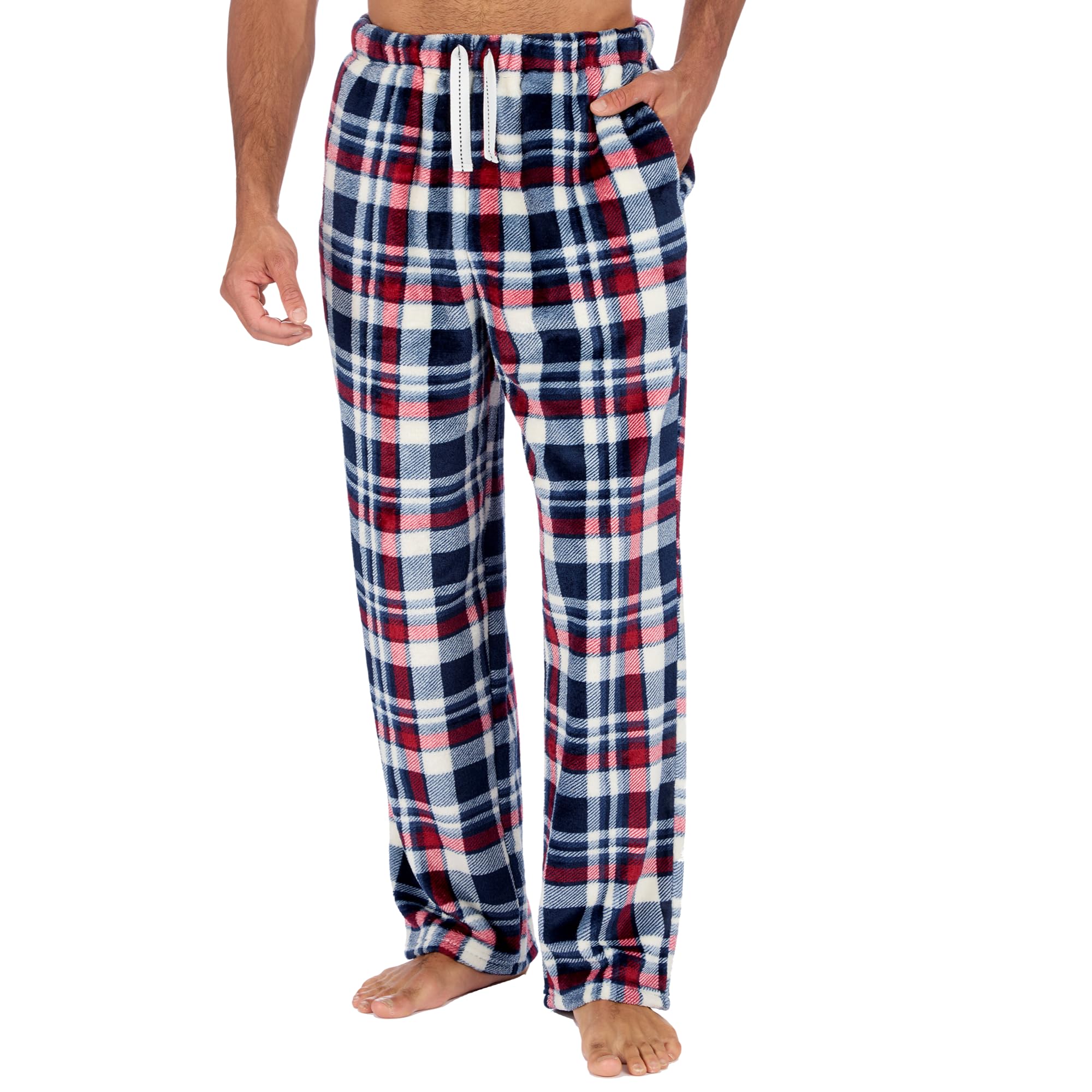 Metzuyan Men's Navy Check Flannel Fleece Lounge Set Checked Pyjama Set Full Length Top And Bottoms Twoise Size Large