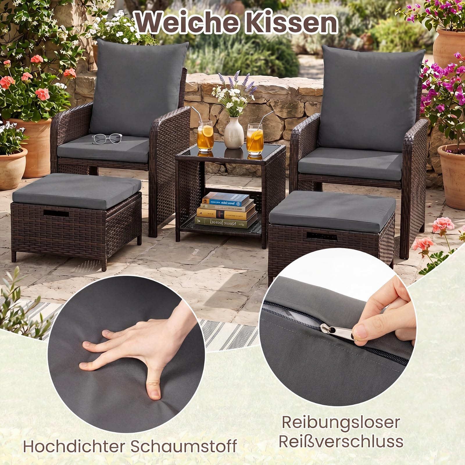 COSTWAY 5-teiliges Balkonmöbel Set, Gartenmöbel aus PE-Polyrattan (Grau)