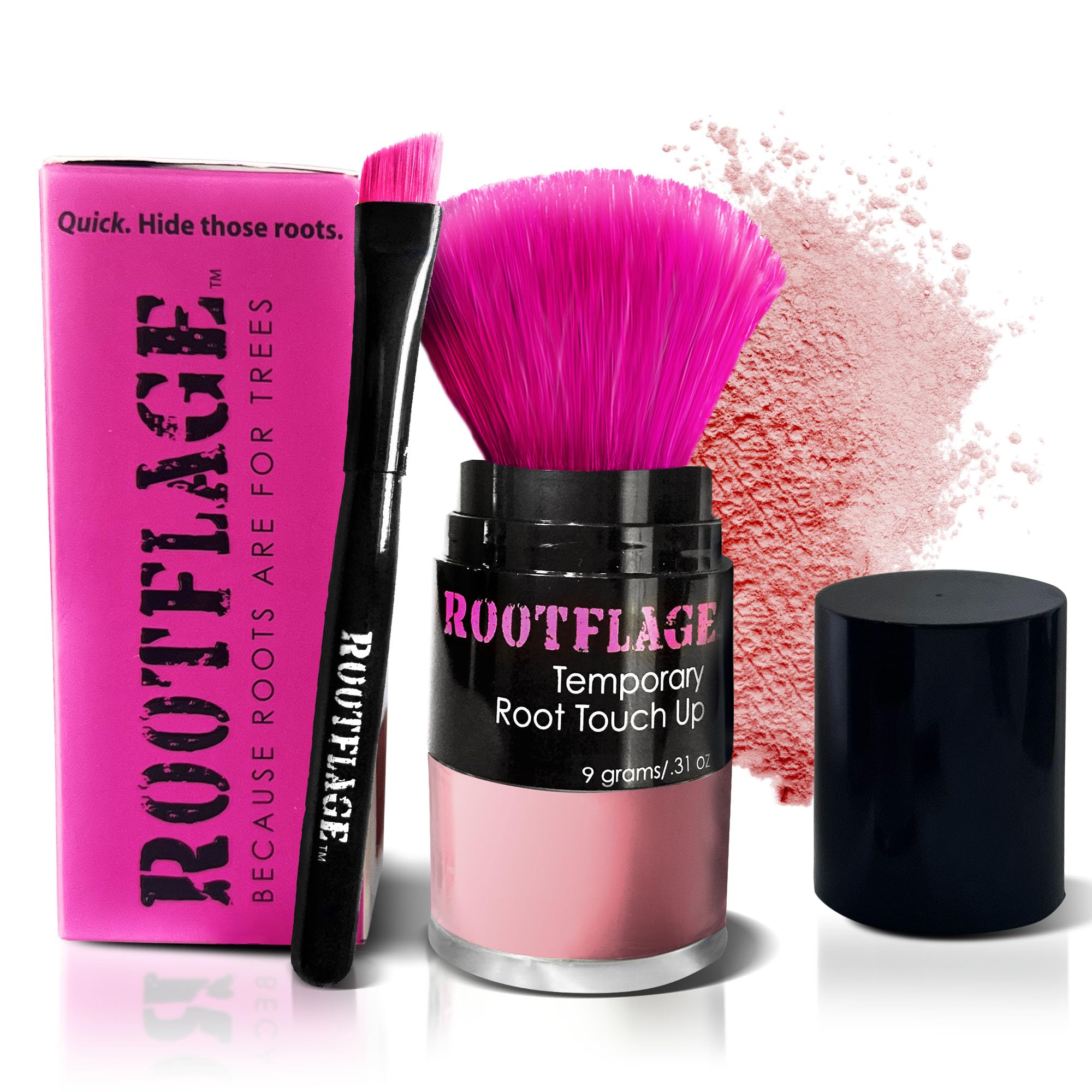 Rootflage Temporary Hair Color, Fun Colored Hair Powder - Temporary Hair Dye, Root Concealer, Hair Texturizer, Kabuki Applicator with Detail Brush Included, .31 oz (Rose Gold)