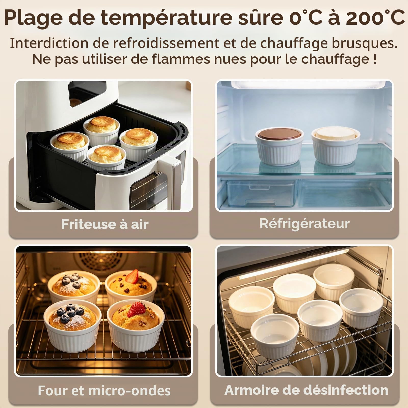 Ramequin Creme Brulee Lot de 6, 200 ml Moules à Soufflé en Porcelaine, Ramequins Individuels pour Pudding, Crème Glacée, Sauce, Ramequin Dessert pour Four et Micro-ondes,9×5.3cm, Blanc