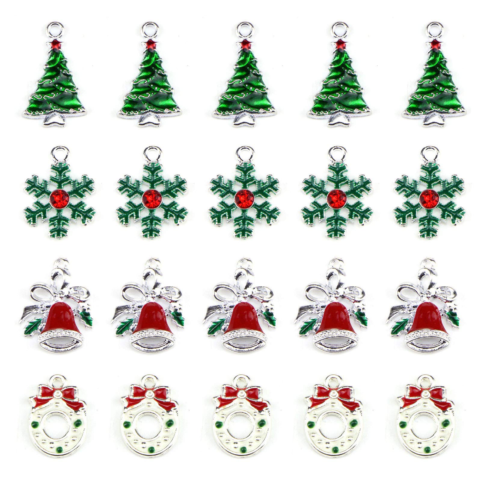 BPNHNA 20 Pcs Assorted Enamel Charm Pendant Silver Plated Christmas Tree Snowflake Garland Bell Dainty Dangle Crafting Accessories Decorations for Necklace Bracelet Ankle Earring Jewelry DIY Making