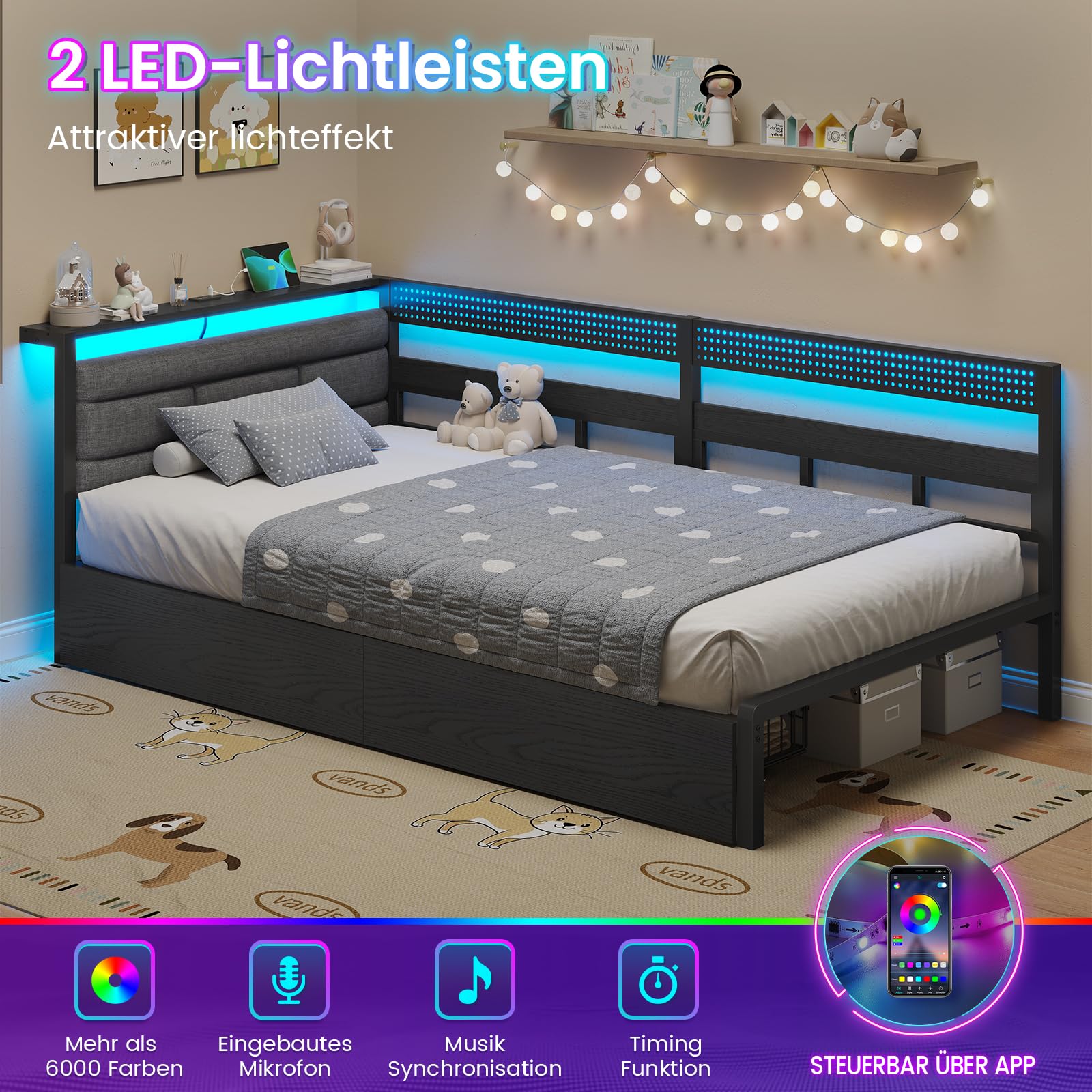 KIMENICH Polsterbett Schlafsofa 90x200 mit LED-Beleuchtung, Ladestation, Tagesbett, Jugendbett mit 2 Schubladen und Lattenrost aus Metall, Gepolstertes Kopfteil mit Offener Ablage, Schwarz