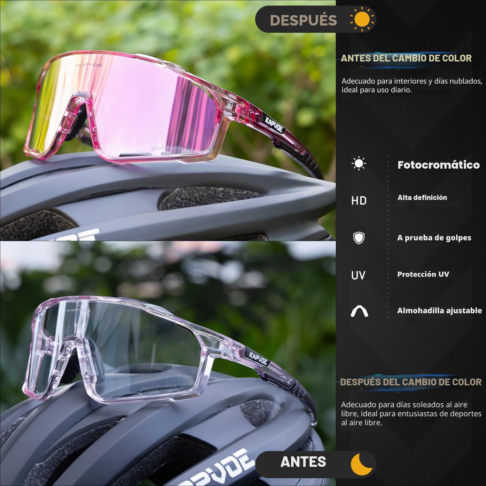 KAPVOE Gafas Ciclismo Fotocromáticas Lente y Montura UV400 Color Rosa K76 | Lente & montura fotocromáticas, lente transparente a rosa CAT.1-CAT.2, UV400, almohadilla regulable