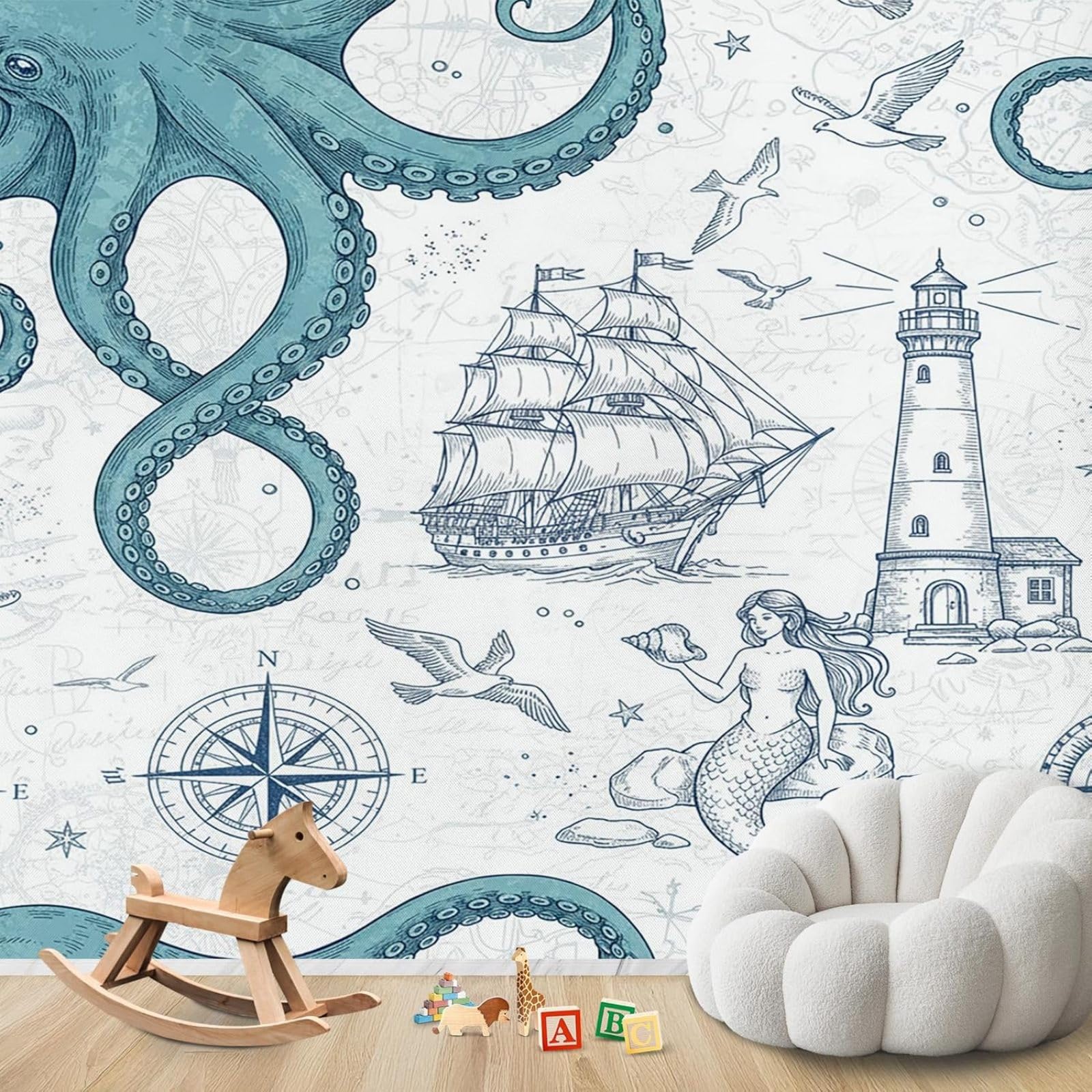 Nautical wallpaper, octopus mermaid photo wallpaper for bedroom, non-woven wallpaper ship lighthouse for living room, coastal patterned wallpaper for children's room, 300cm x 210cm stickers - frameles