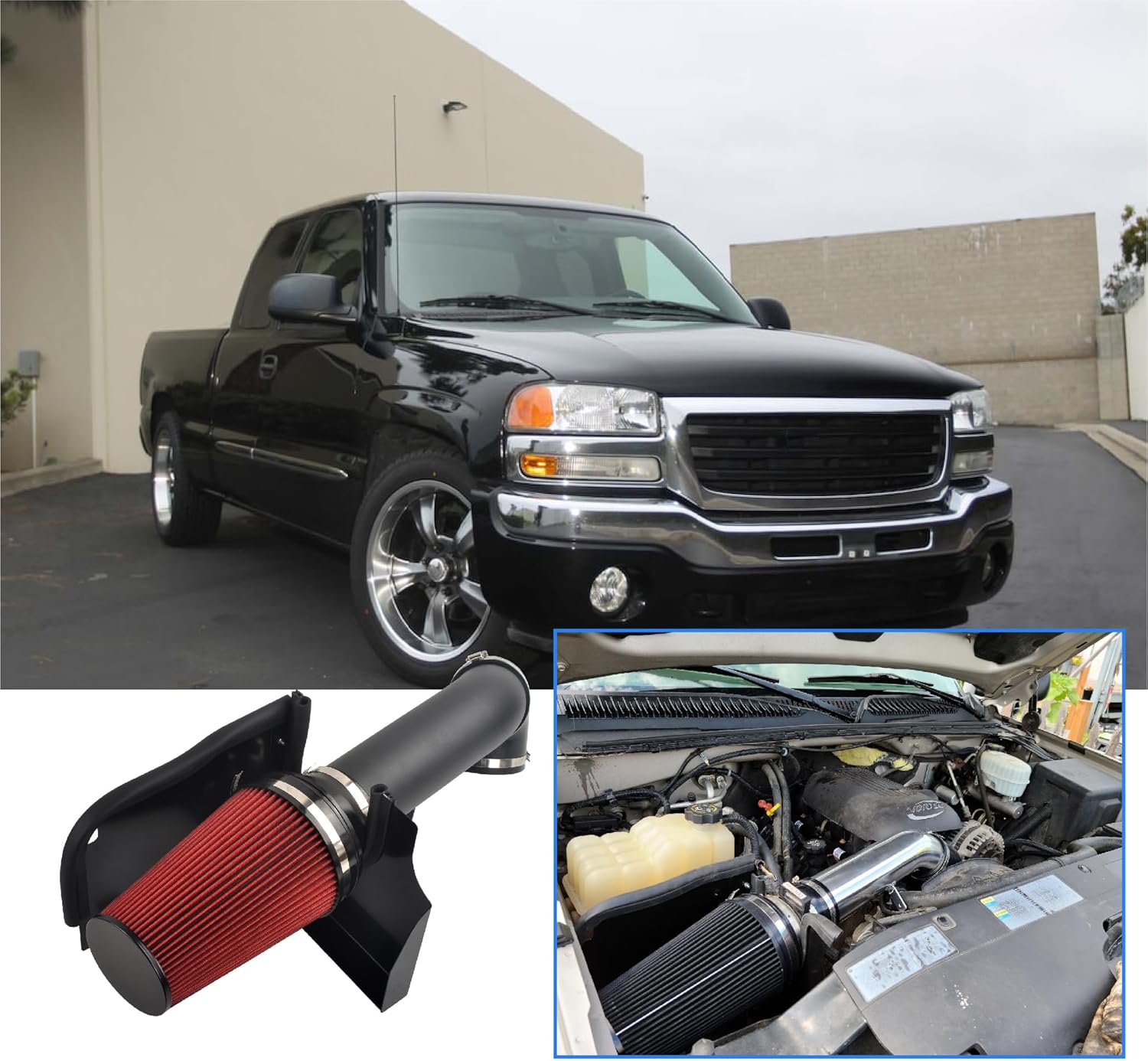 4" Cold Air Intake System + Heat Shield Compatible with 1999-2006 GMC/Chevy V8 4.8L/5.3L/6.0L Silverado 1500/2500/3500 (Black & Red)