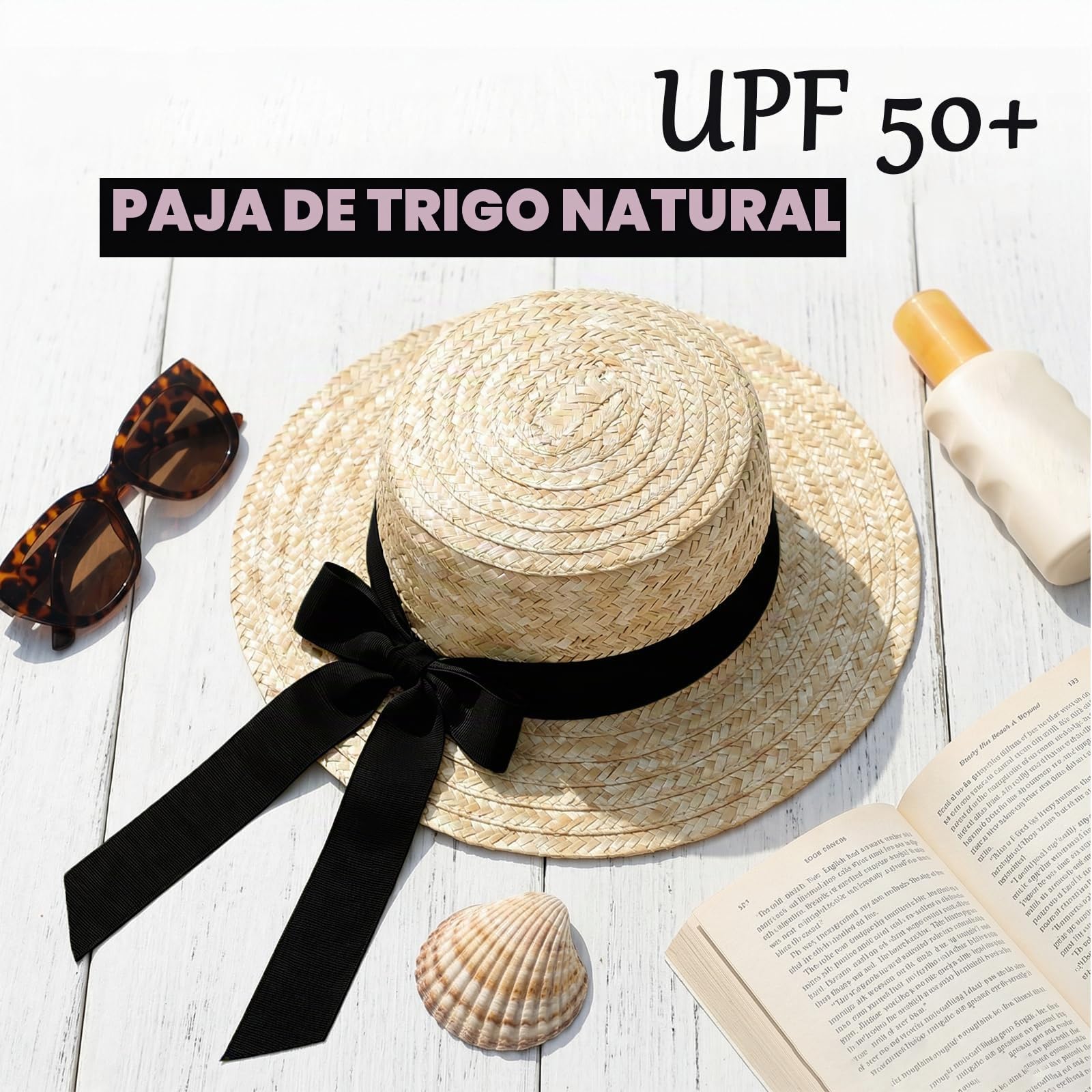 Sombrero de paja para mujer, paja de trigo con lazo decorativo, sombrero para el sol con protección UV 50+ para playa, vacaciones y verano