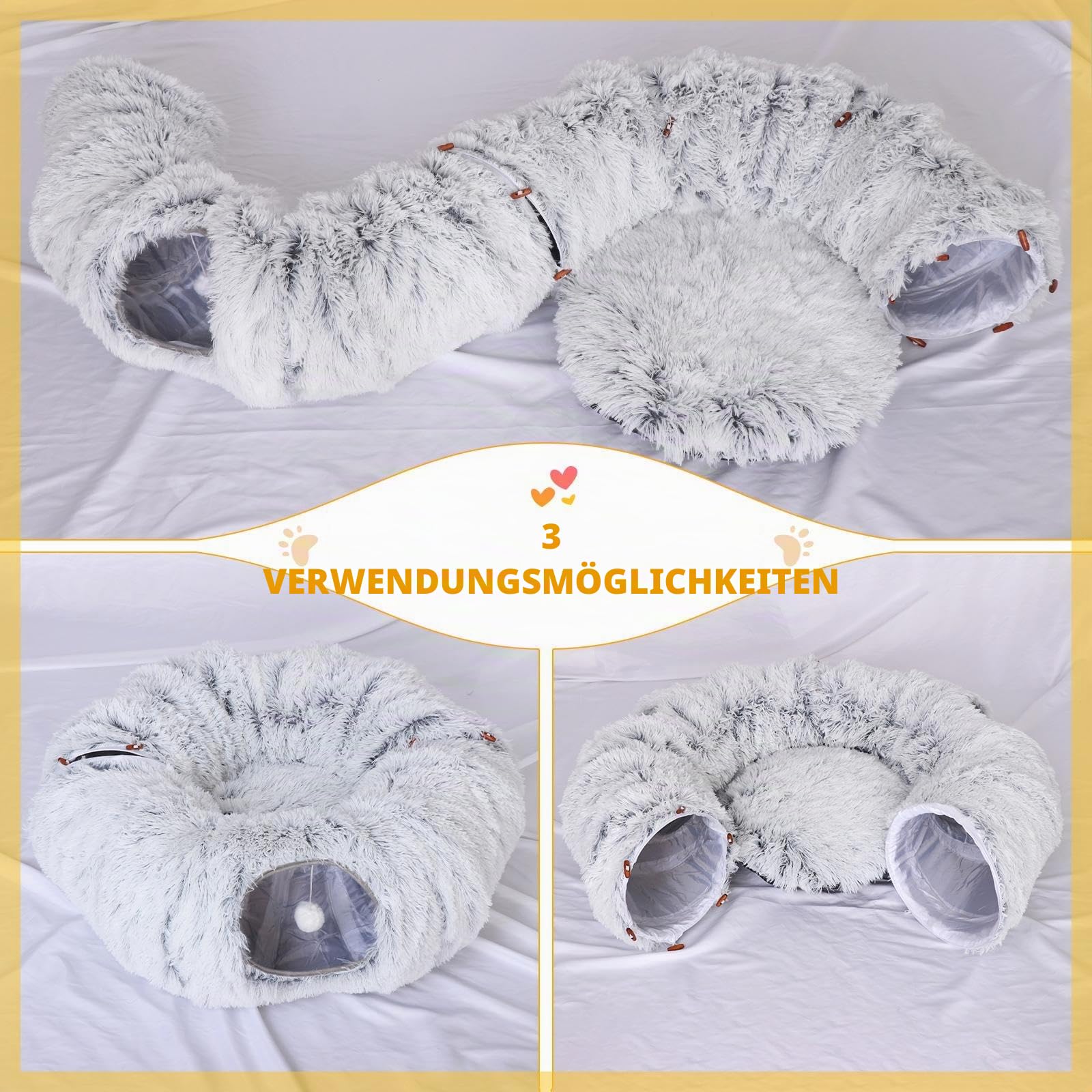 Baoblaze Plüsch Katzentunnel mit Schlafplatz, Katzen Spieltunnel 3 in 1, Ultra weiche Runde Donut Form mit Spiel, Cat Tunnel Bed, Rascheltunnel Für Katzen, GRAU