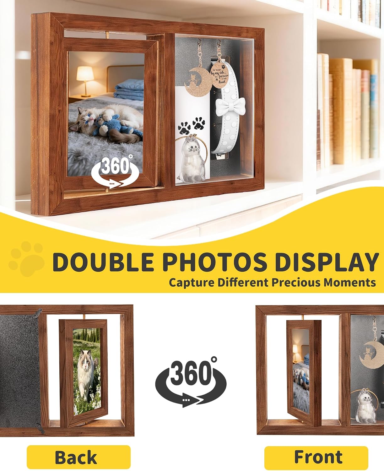 Condition photo showing New/Like New for dog & cat 3-in-1 memorial wooden picture frame set, lost pet sympathy gifts with 360° rotation wooden picture frame for two 4"x6" photos, pet memory gifts for dog/cat passing wood cat customed