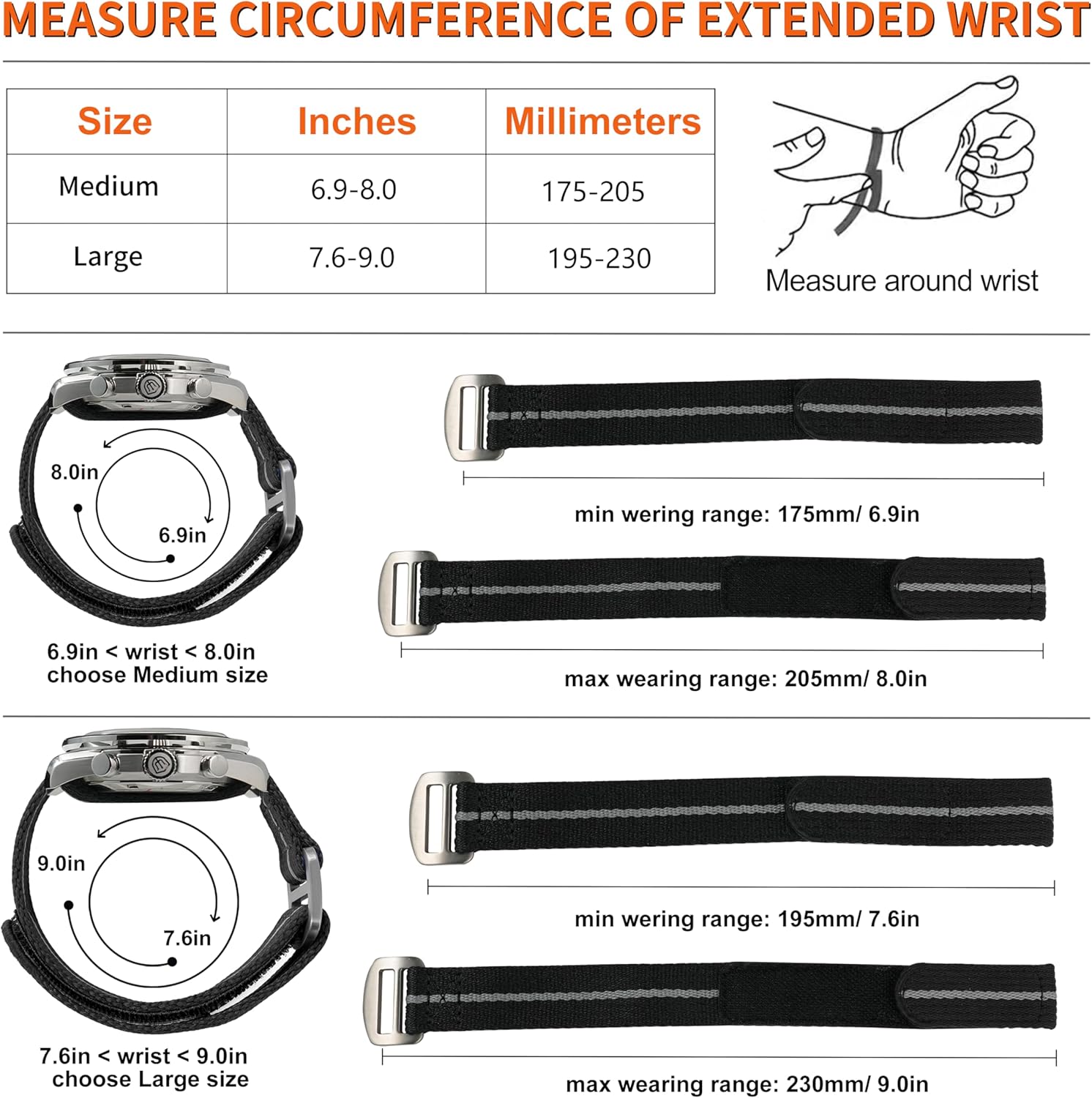 watchdives Nylon Watch Band 20mm 22mm Replacement Watch Straps with Hook and Loop Fasteners Sport Watchband (Black/Titanium Buckle, 20mm / Medium) - Image 2