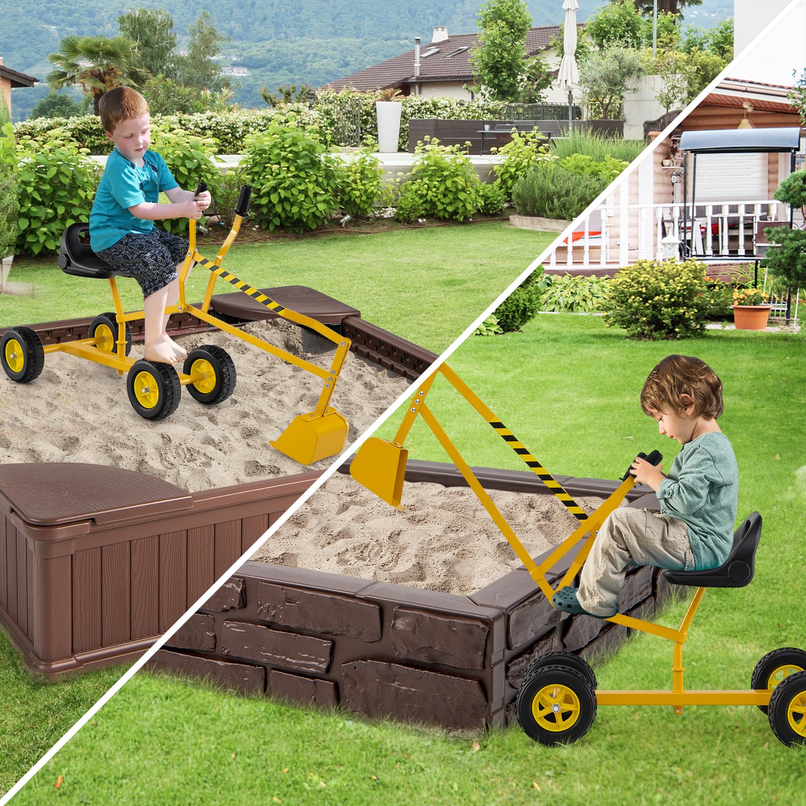 DREAMADE Pelleteuse pour Enfants, Jouet de Bac à Sable en Métal avec Siège Rotatif à 360°, Pelle Flexible, Grue Excavatrice d'Extérieur pour pour Terre, Neige, Plage (Jaune,avec Roues)