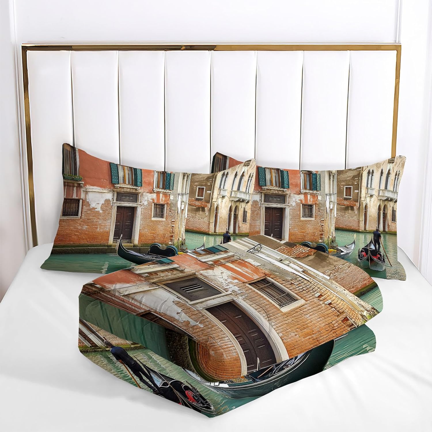 3D Venice Canals Comforter Set Twin Size Bedding Set Country Style All Season Down Comforter Printed Quilted with 2 Pillow Shams for Kids, Teens, Adults 68 x 86in Brick Red