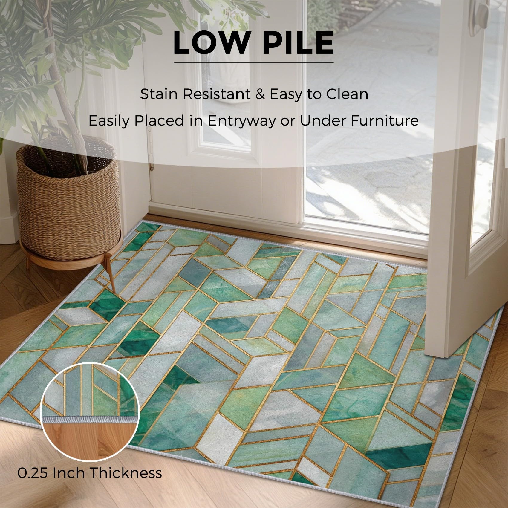 Générique Tapis Geometrie Verte 60x90, Lavable Poils Ras