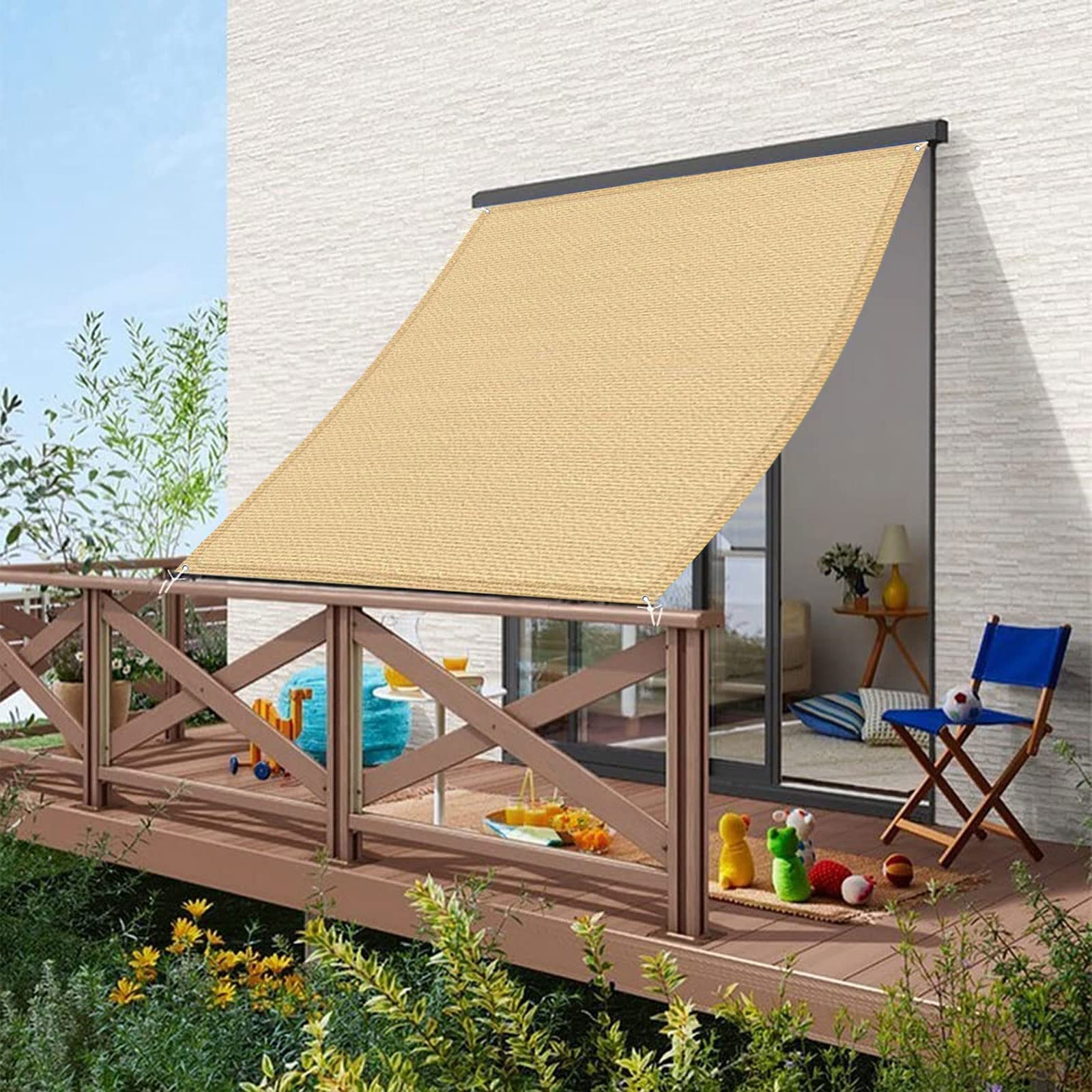 Sunscreen Awning Canopy 2.6 x 10 m HDPE 95% UV Block Outdoor Pergola Awnings with Awning Attachment for Outdoor Garden Patio Yard Party, Sand yellow