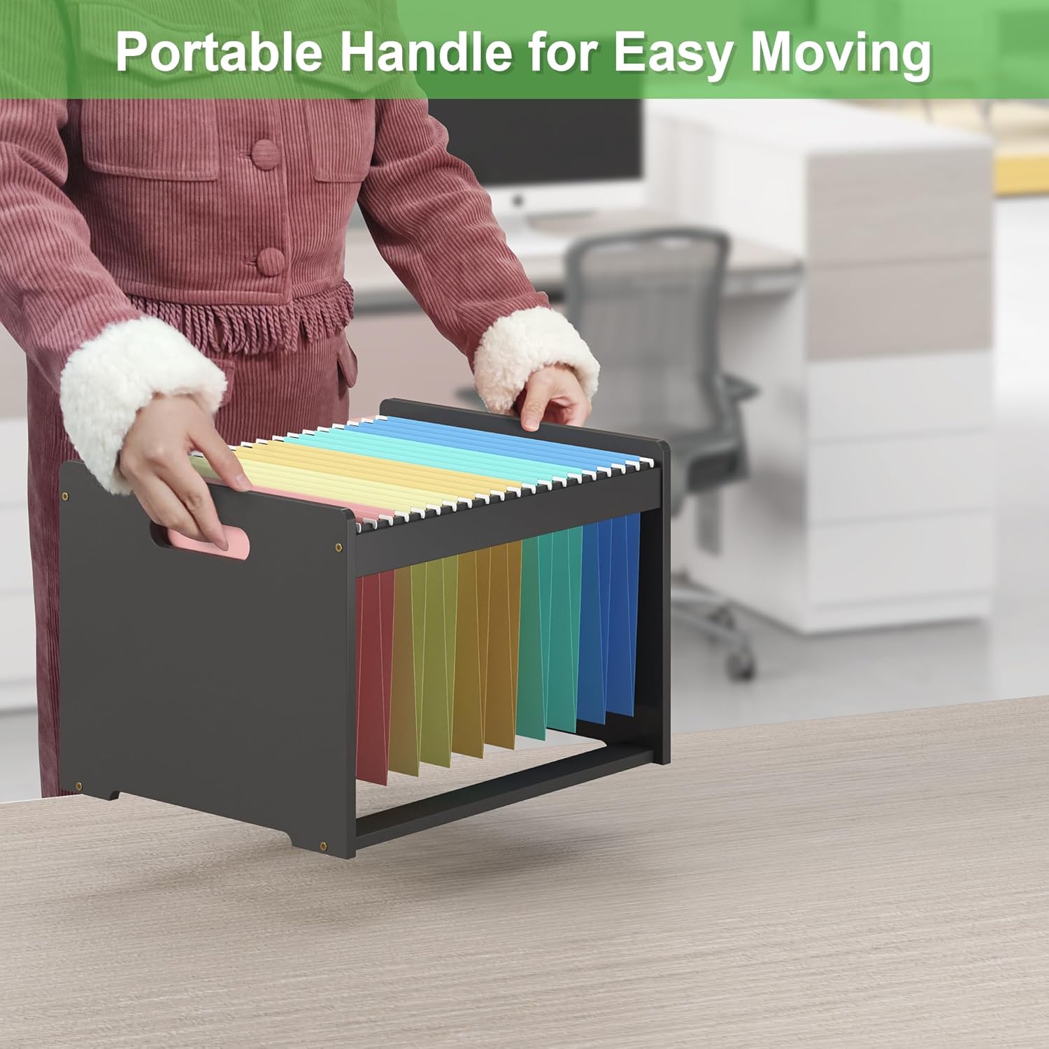 Hanging File Organizer Box for Letter Size, Bamboo File Folder Organizer, Storage Moving Boxes with Handle Wood Desk Filing Box for Office Banker Document