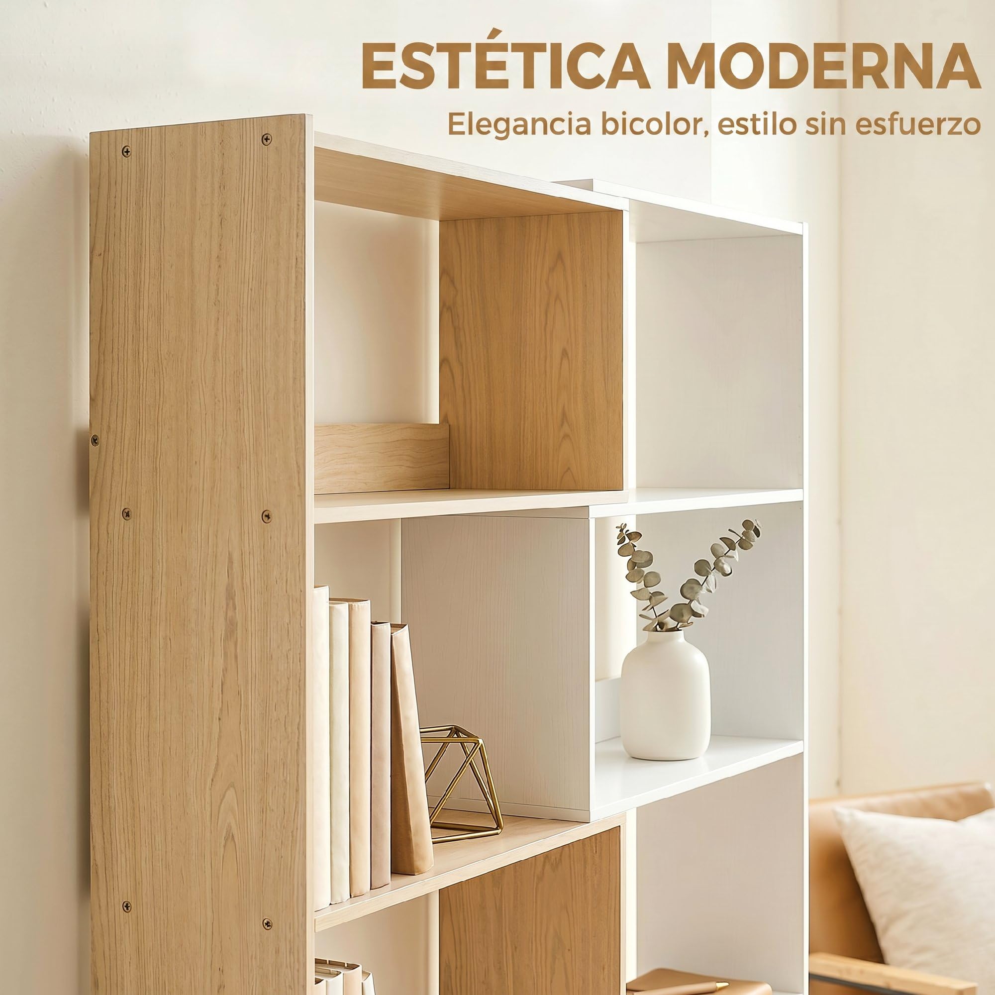 HOMCOM Estantería Expandible 5 Niveles 111,5x23,8x163,7cm Natural Blanco | Librería para Libros Giratoria 350°, Ancho Ajustable, Convertible en L Recta o Compacta, para Salón Dormitorio Estudio