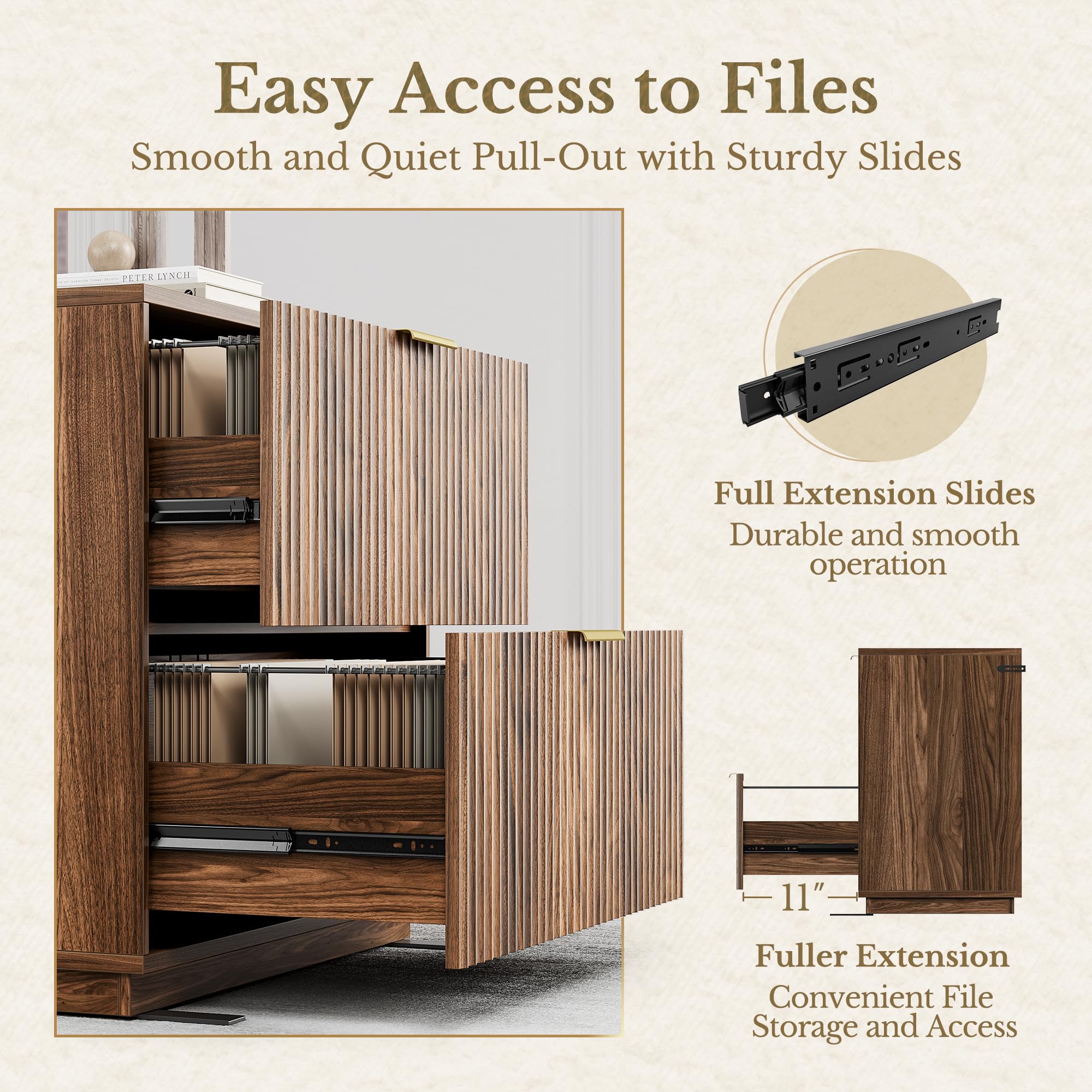 2 Drawer Fluted File Cabinet 32 Lateral File Cabinet for Legal Letter A4 F4 Size Hanging Files Wood — view 7