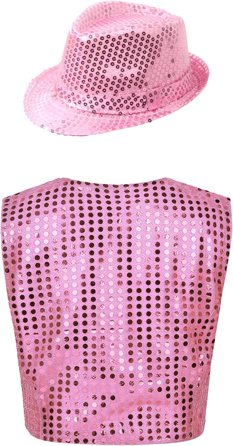 Boys Girls Sequins Waistcoat Vest with Hat Hip Hop Jazz Street Modern Dance Performance