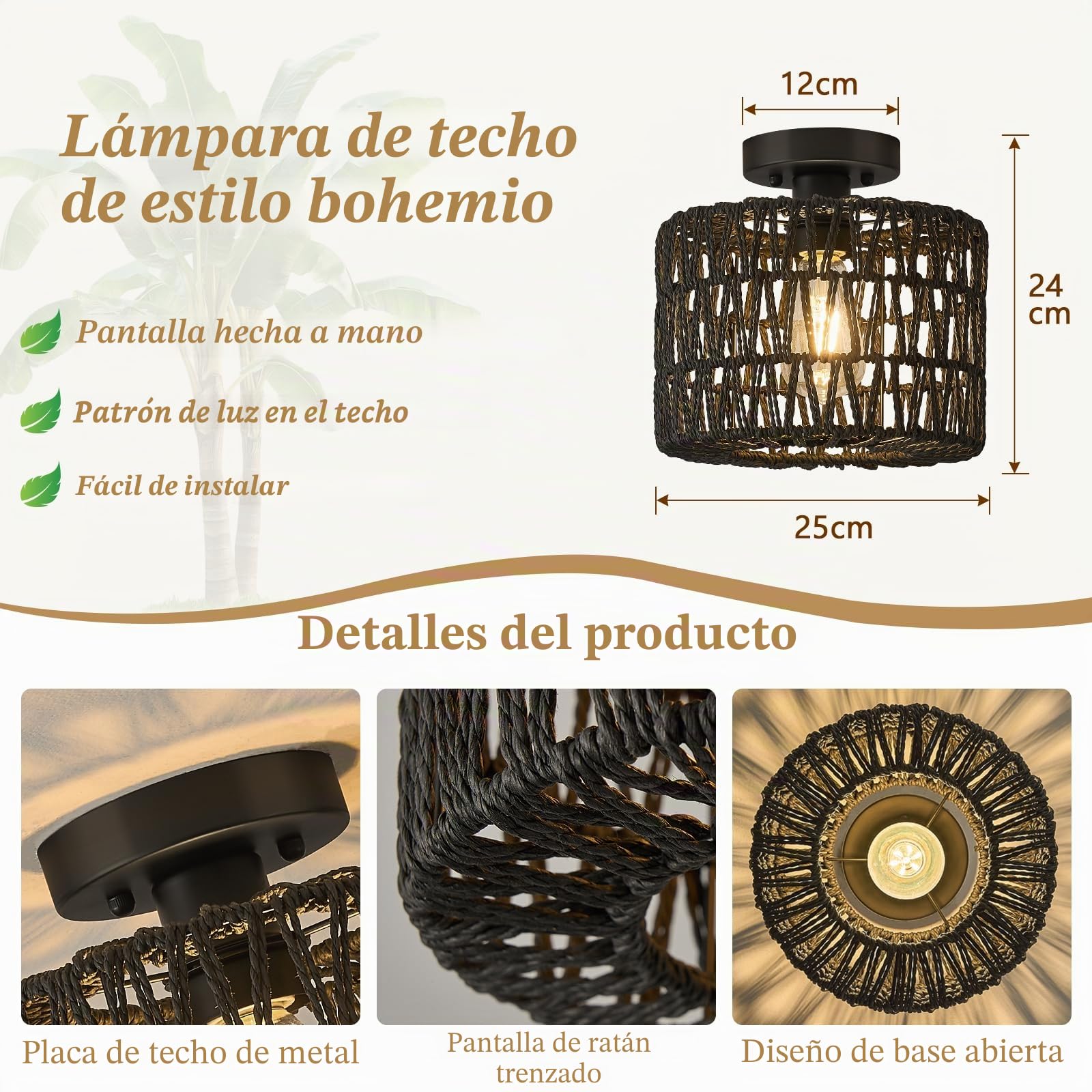 Qamra Lámpara de Techo, Colgante Negra, Boho Luz de Techo Madera Estilo, 1 Luz 25cm 60W, E27, Para Dormitorio Salón Pasillo Habitación Infantil (Bombilla no incluida)
