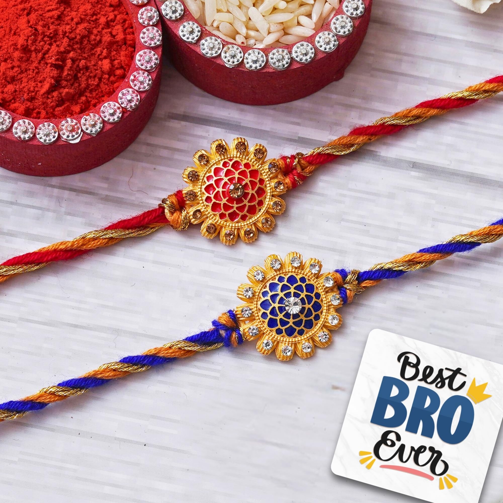 eCraftIndia Set of 2 Red & Blue Flowers Designer Rakhis, Best Bro Ever Fridge Magnet with Roli Chawal Pack - Rakhis for Brother, Bhabhi, Kids