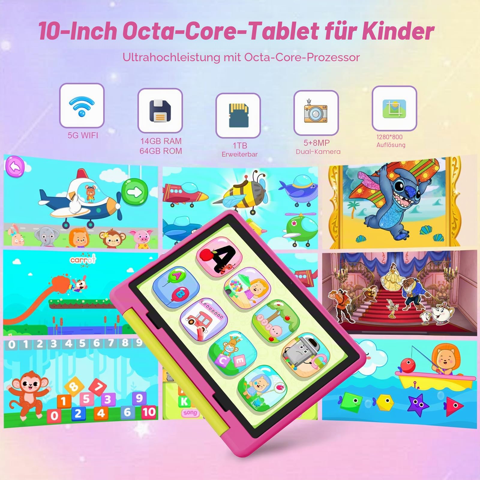 10 Zoll Kinder Tablet mit Hülle, Android Tablet für Kinder 3-12 Jahren, 14GB+64GB (1TB TF Expand), Octa Core CPU, 1280 * 800 HD Display, WiFi 6, BT5.3, Dual Kamera Tablets Tab Pad, Rosa